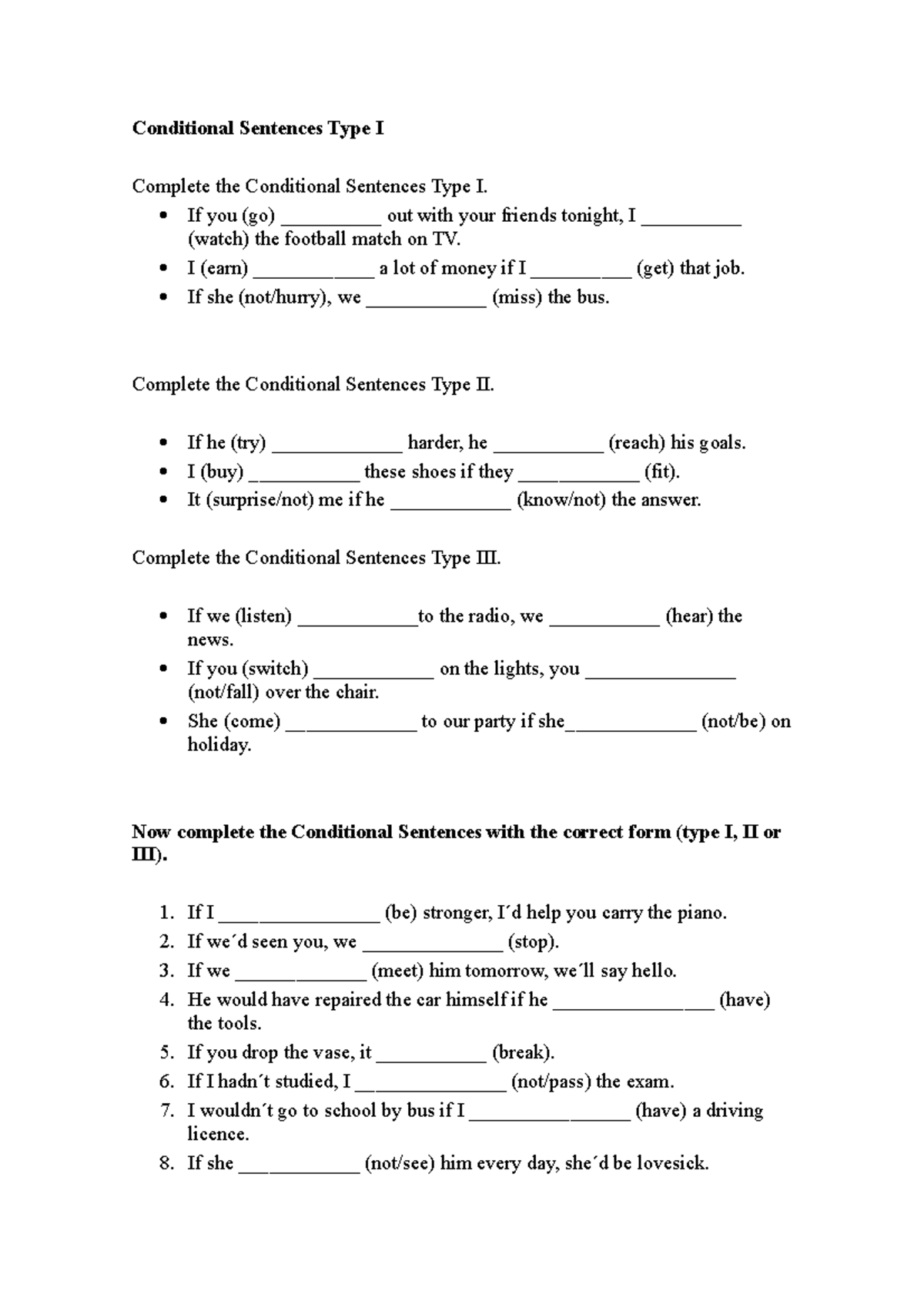 Conditional Sentences Type I,II and III - Conditional Sentences Type I ...