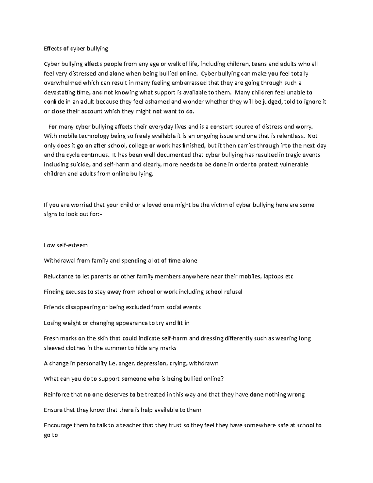 Effects Of CB The Effect Of Cyber Bullying Efects Of Cyber Bullying