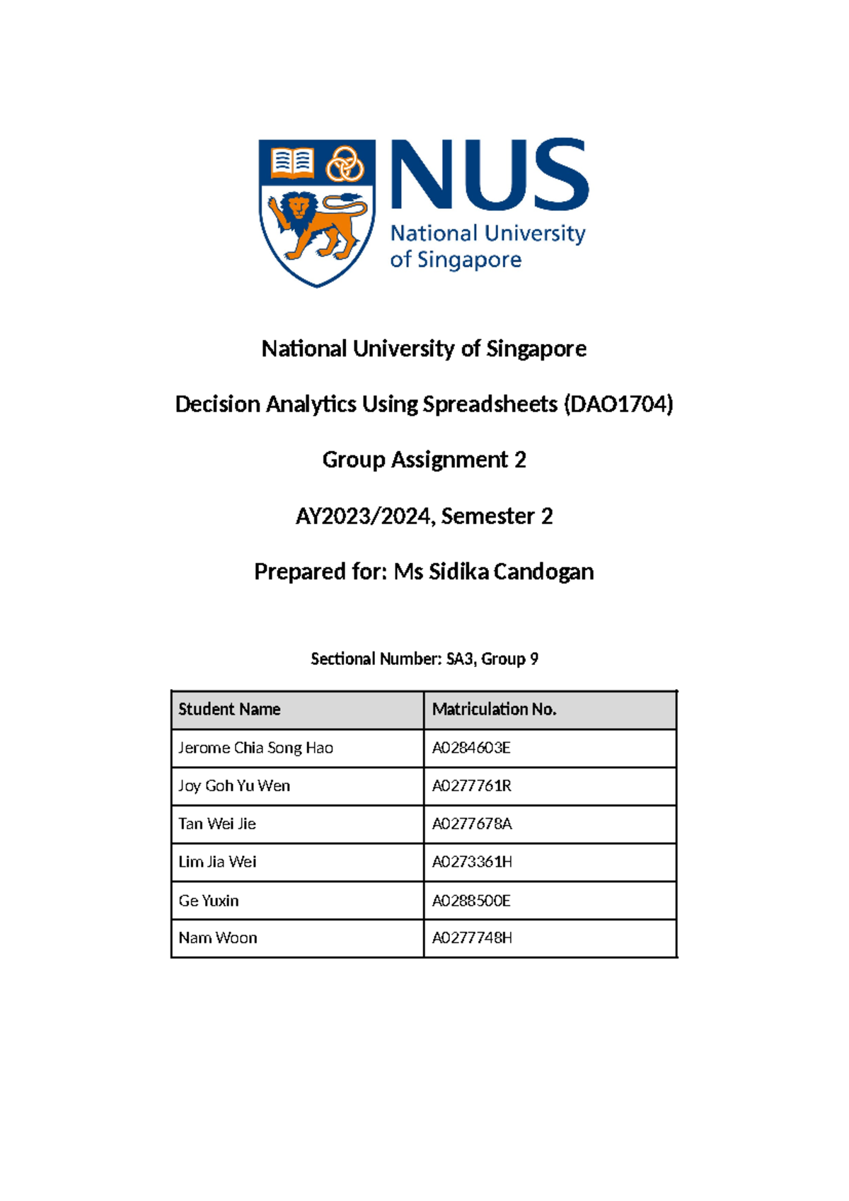 Team 9 Assignment 2 National University of Singapore Decision
