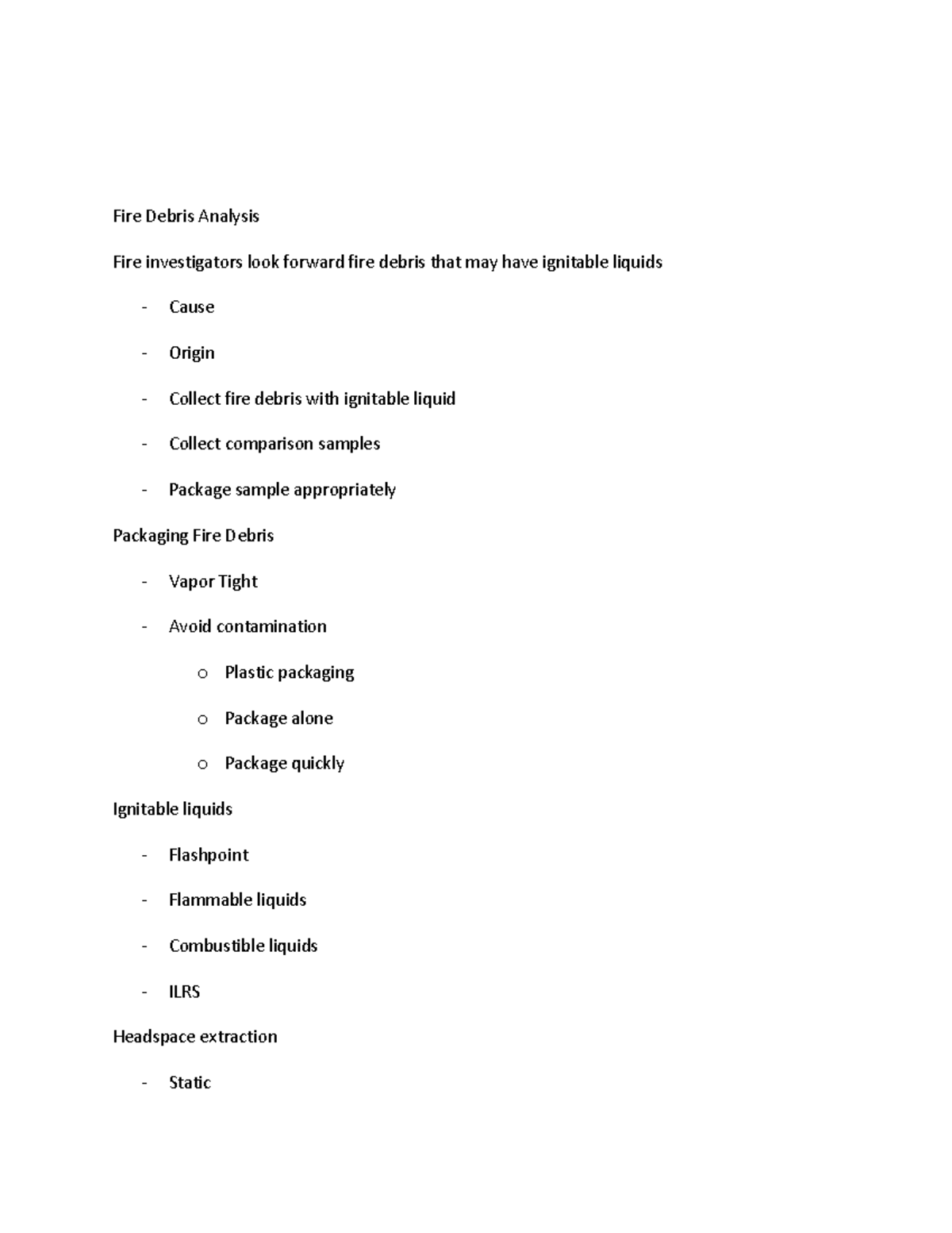 Fire debris analysis notes Fire Debris Analysis Fire investigators
