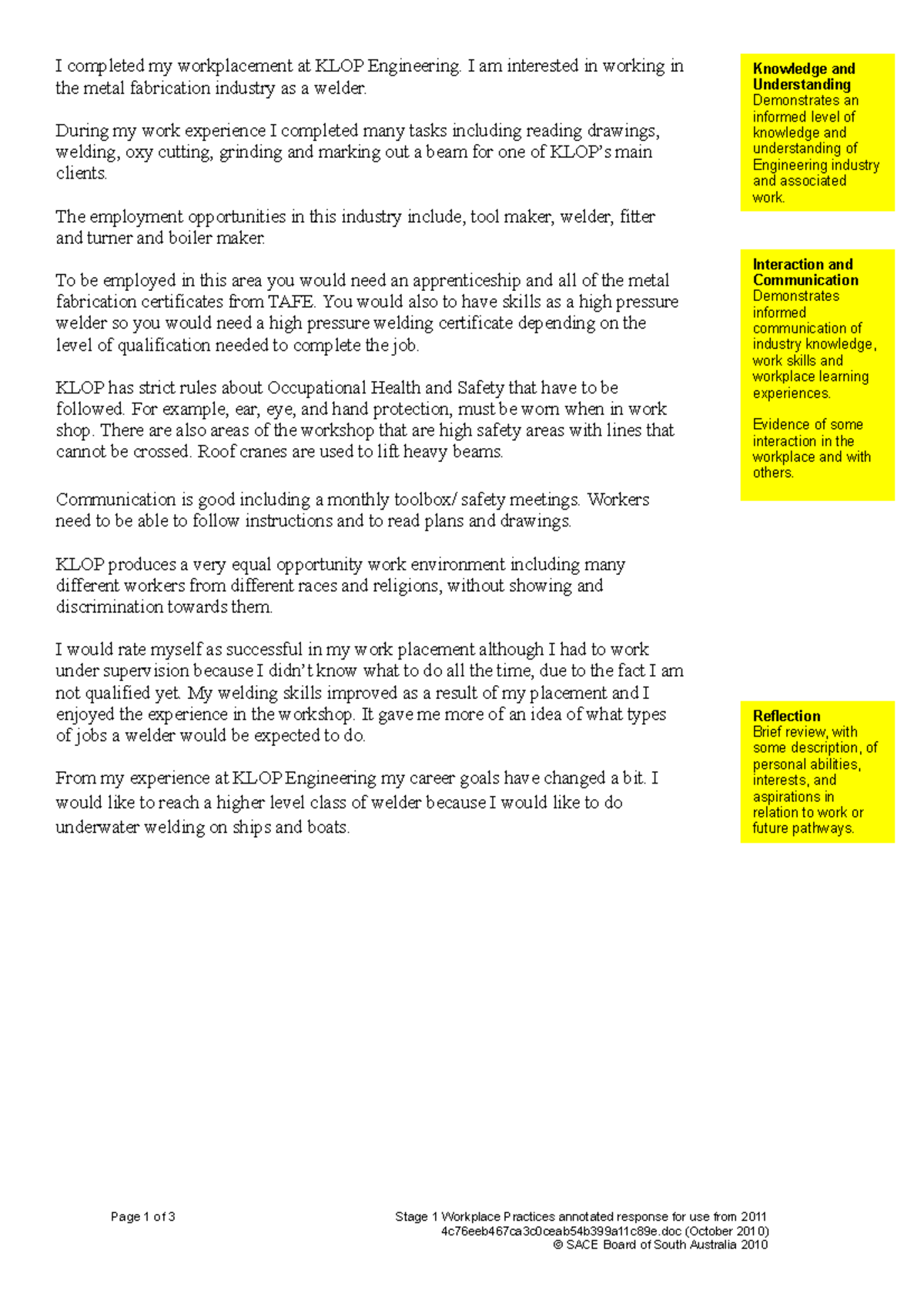 Task 1 Workplace Reflection Illustrative C Response I completed my workplacement at KLOP