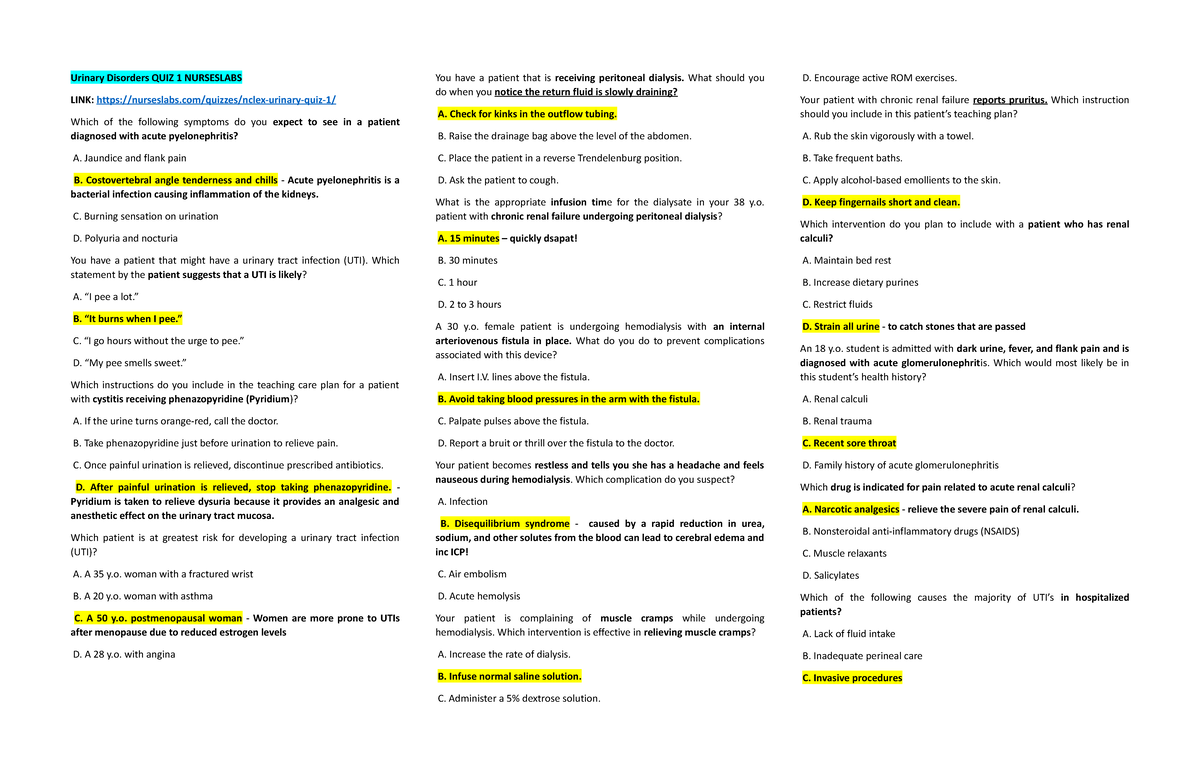 Nurseslabs Urinary Midterm - Urinary Disorders QUIZ 1 NURSESLABS LINK ...