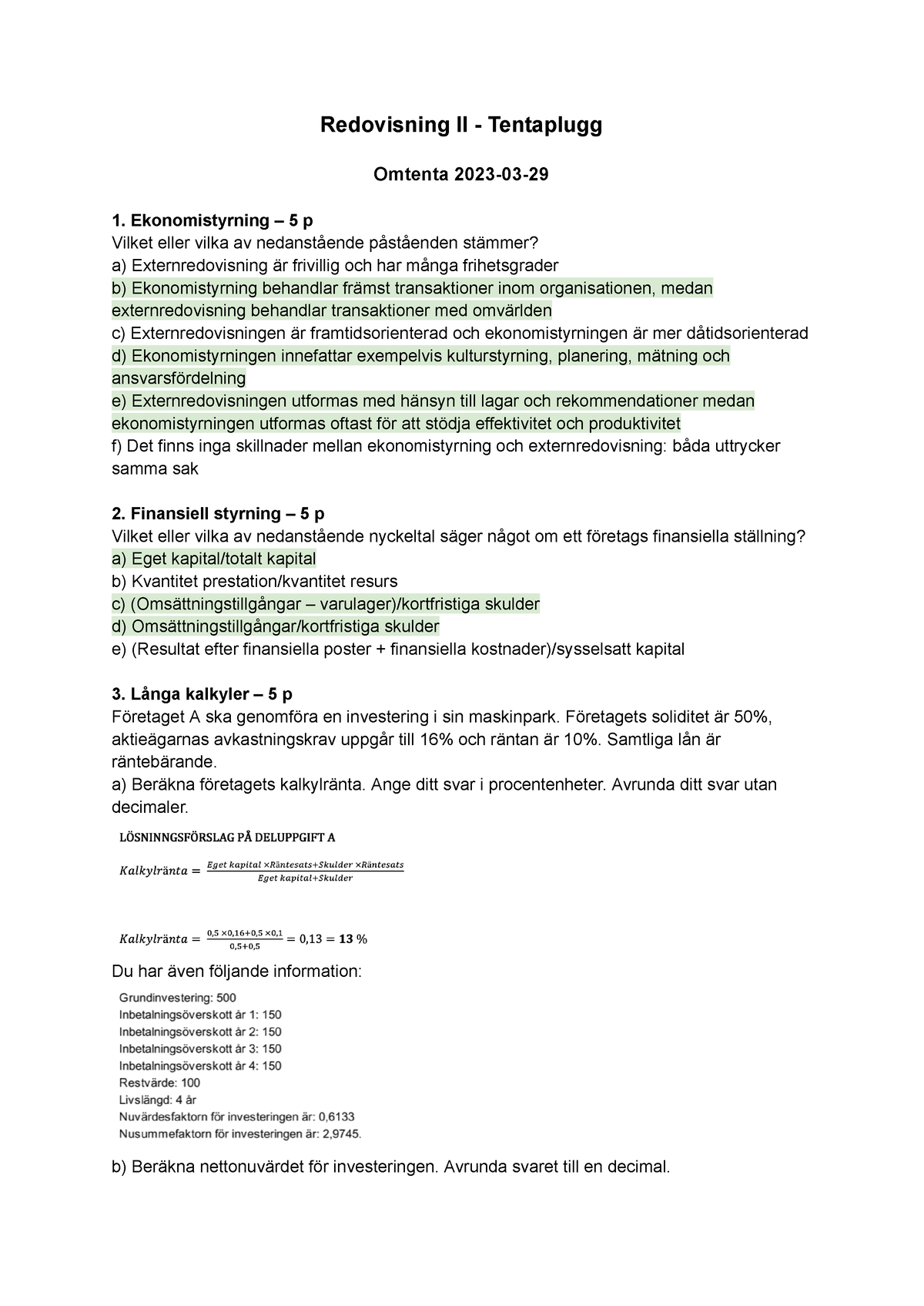 Samling Av Tentor - Redovisning II - Tentaplugg Omtenta 2023-03 ...