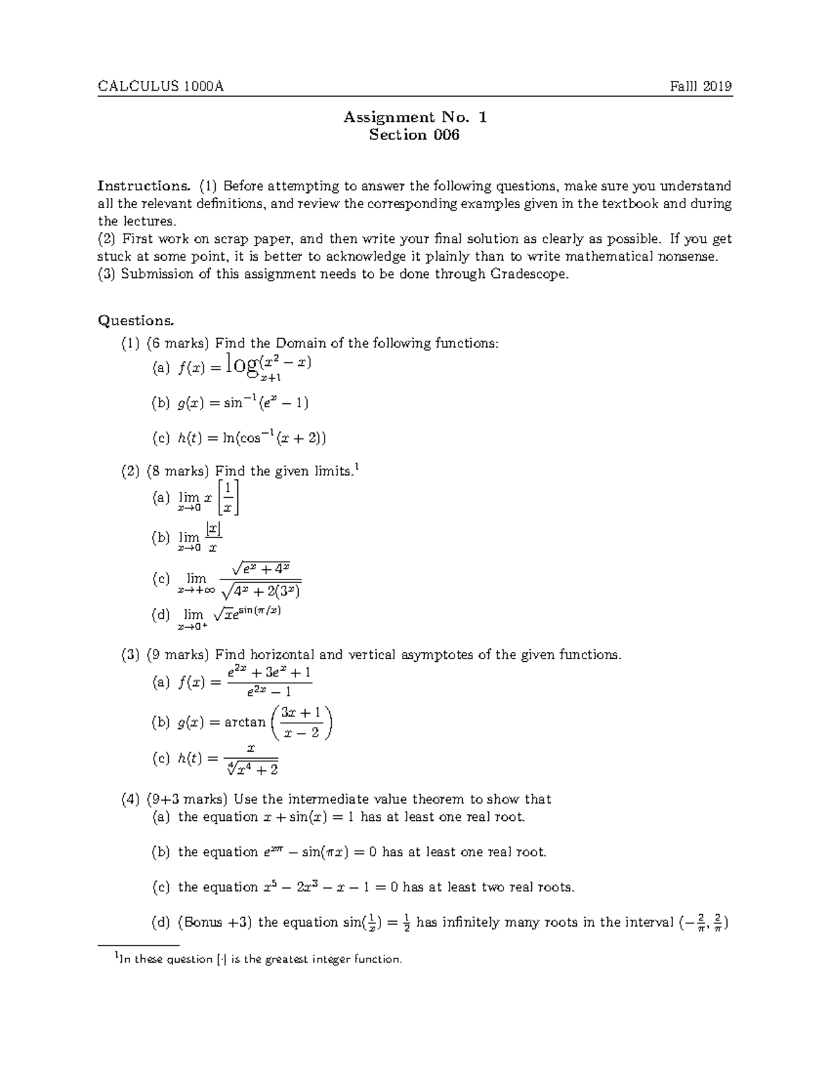 CALC1000- Fall 2019-Section 006-Homework No 1 - CALCULUS 1000A Falll ...