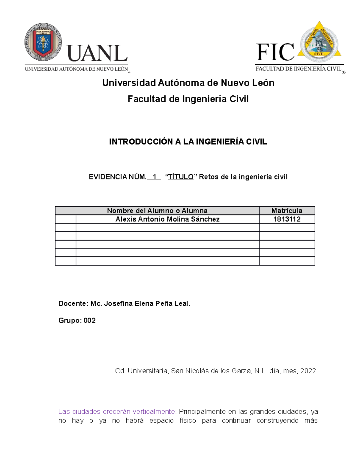 Introduccion a la ING. Evidencia 1 - Universidad Autónoma de Nuevo León ...