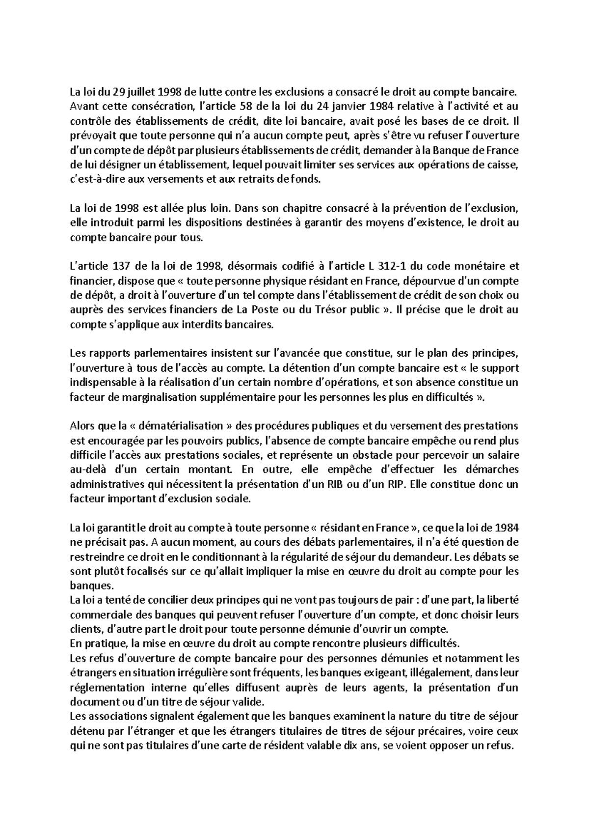 Exposé droit au compte La loi du 29 juillet 1998 de lutte contre les