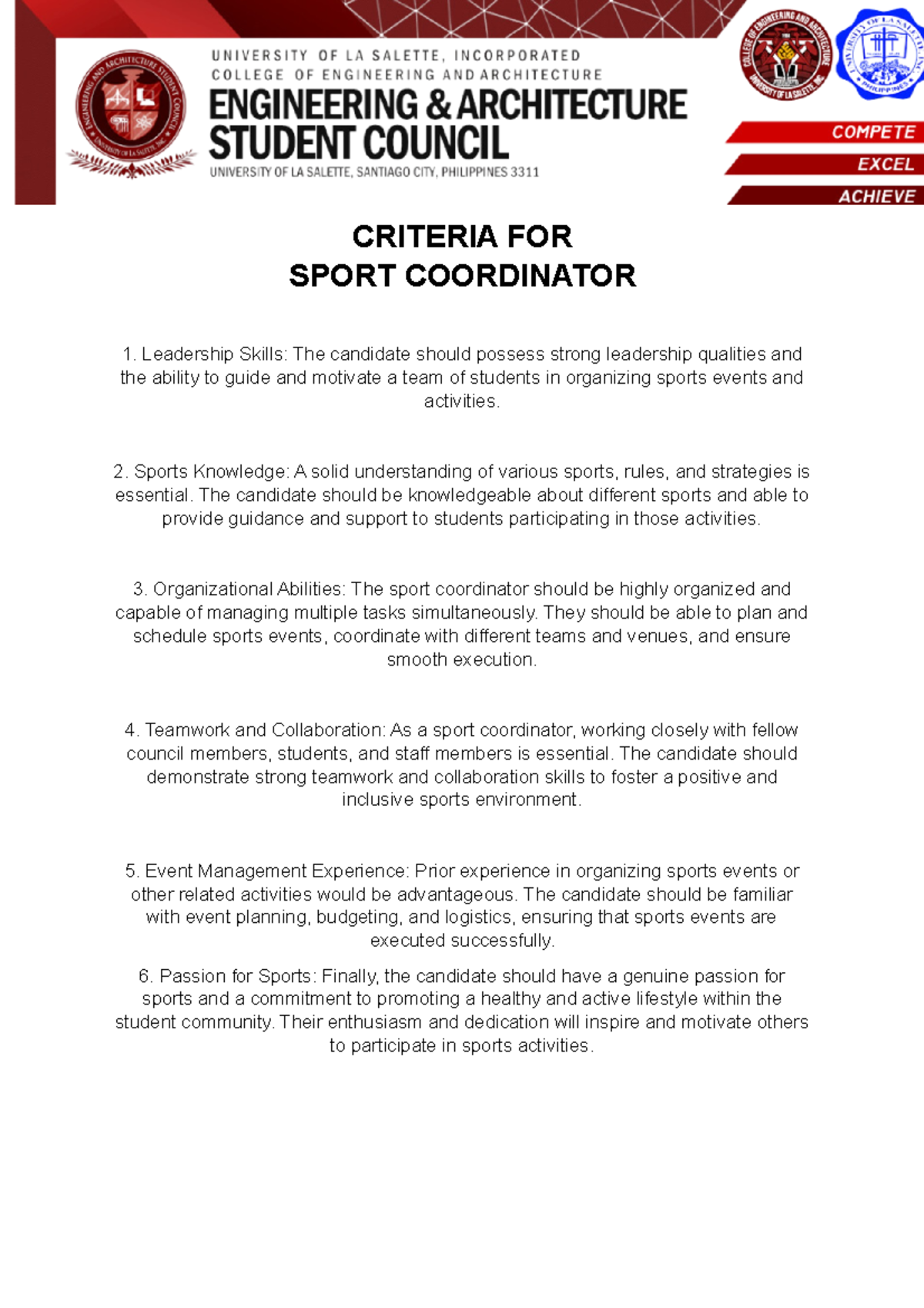Criteria for Sports Coordinator EASC SPORT COORDINATOR 1. Leadership