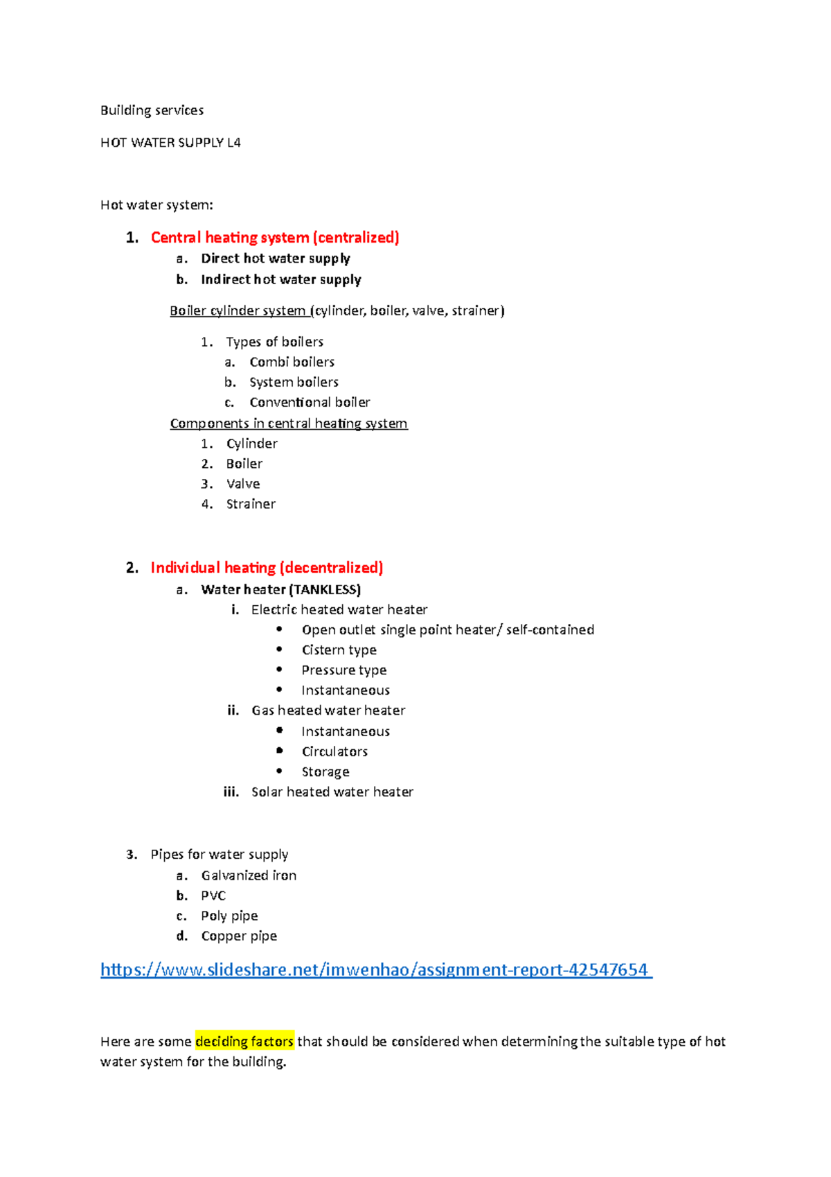 BS L04 HOT Water Supply Notes Building services HOT WATER SUPPLY L