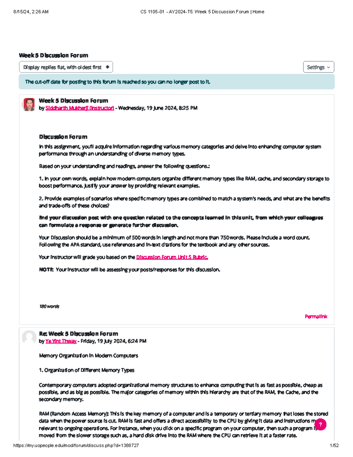 CS 1105-01 - AY2024-T5 Week 5 Discussion Forum Home - Week 5 Discussion ...