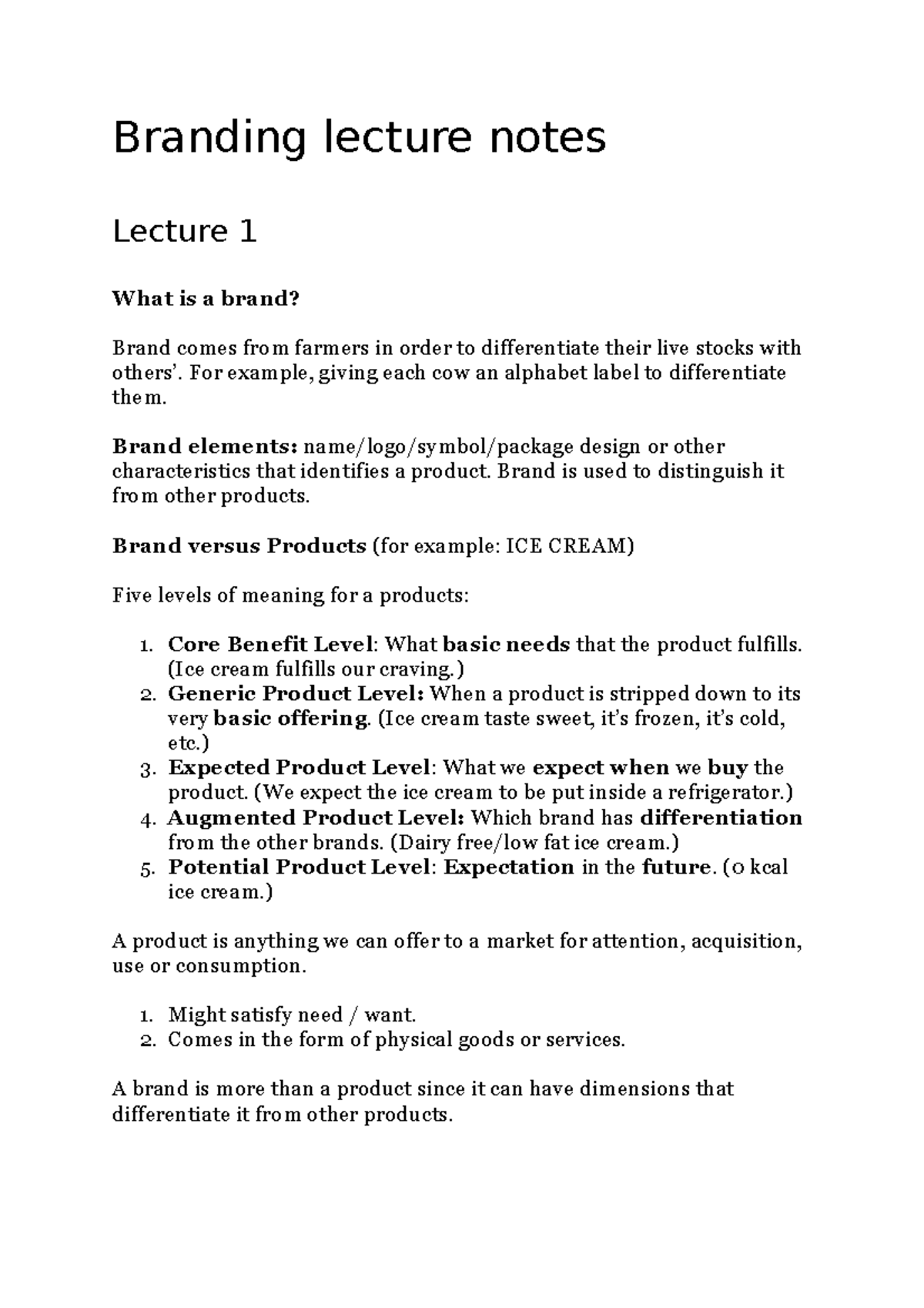 Branding Lecture 1-2 Notes - Branding lecture notes Lecture 1 What is a ...