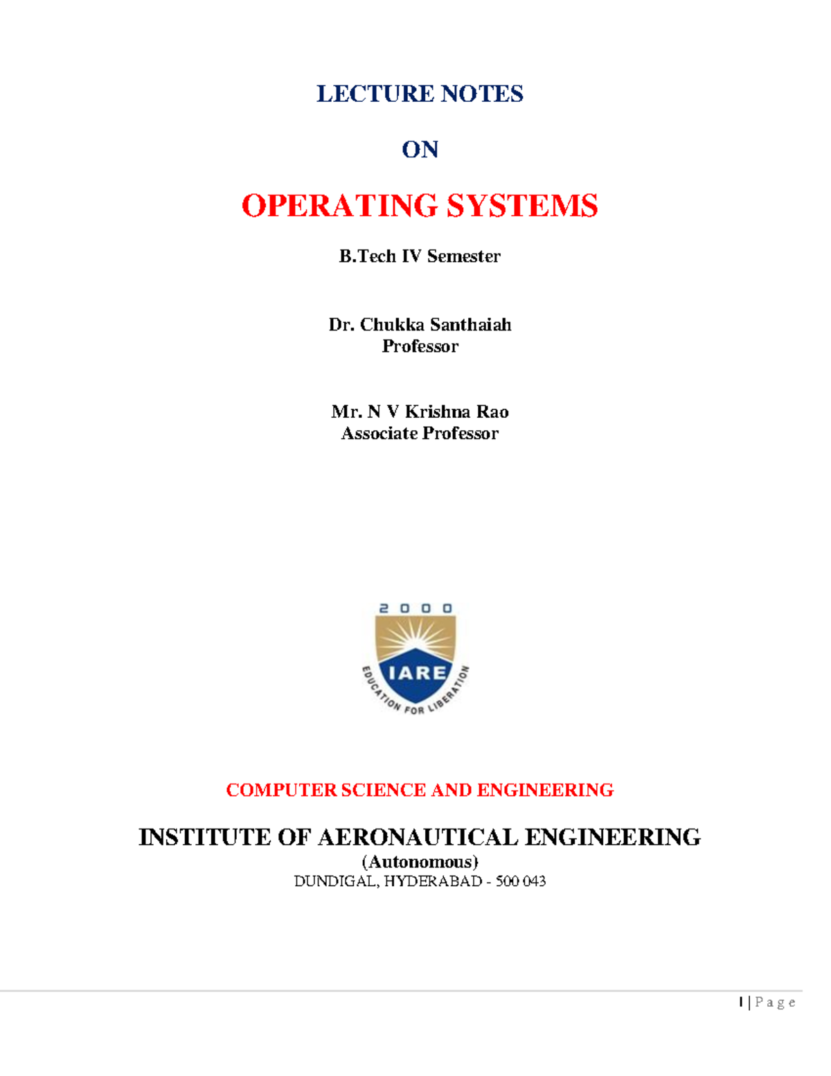 Lecture Notes Operating System - LECTURE NOTES ON OPERATING SYSTEMS B ...