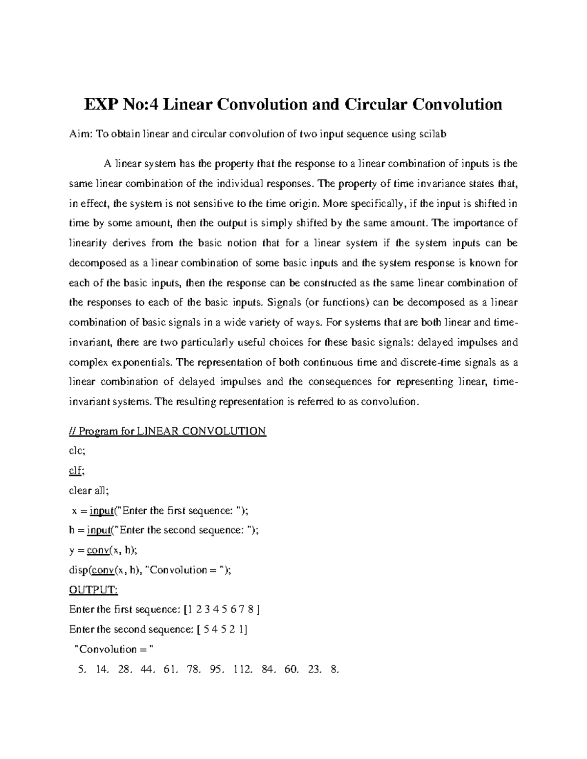 EXP 4 - EXP No:4 Linear Convolution and Circular Convolution Aim: To ...