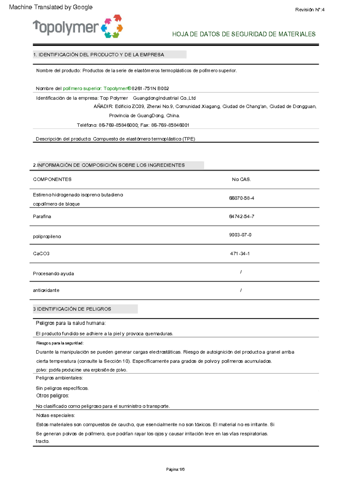 43. HDS - ( Español) Topolymer 8261-751N B002 MSDS 英文版 Natural - 1 ...