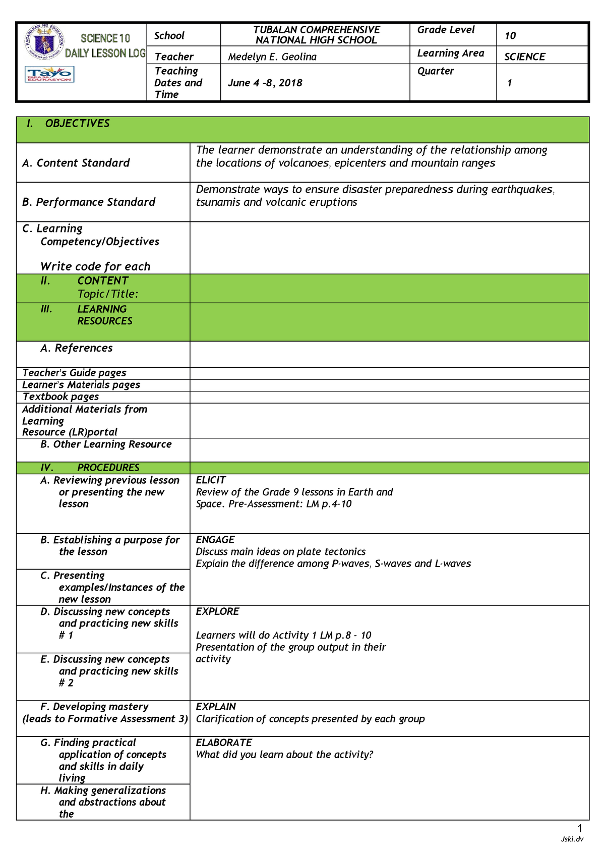 7es Lesson Plan Template 1pdf Original Copy - 1 Jski School TUBALAN ...