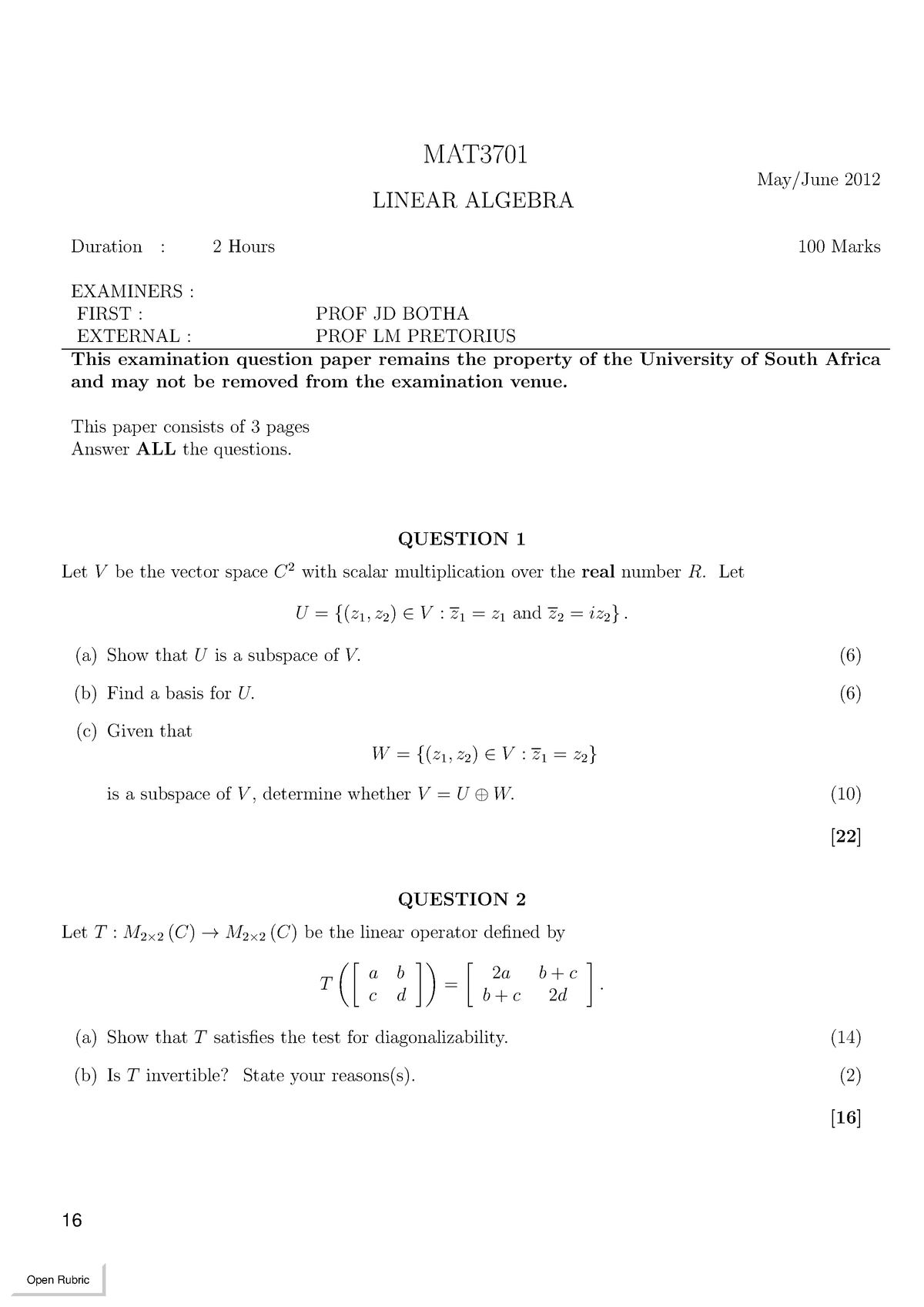 Exam 2012, questions and answers - MAT3701 May/June 2012 LINEAR ALGEBRA ...