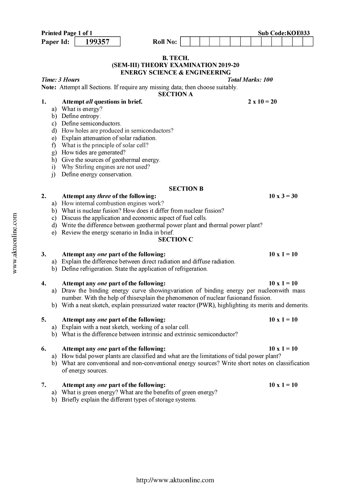 Energy Science question paper - Printed Page 1 of 1 Sub Code:KOE Paper ...