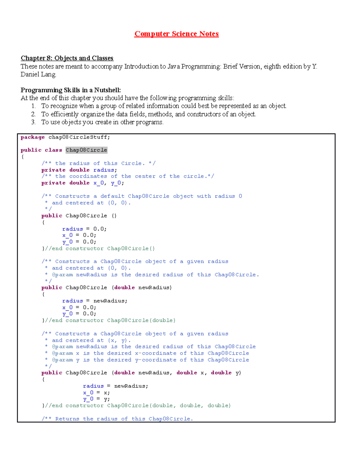 Ch08 Objects And Classes - Computer Science Notes Chapter 8: Objects ...