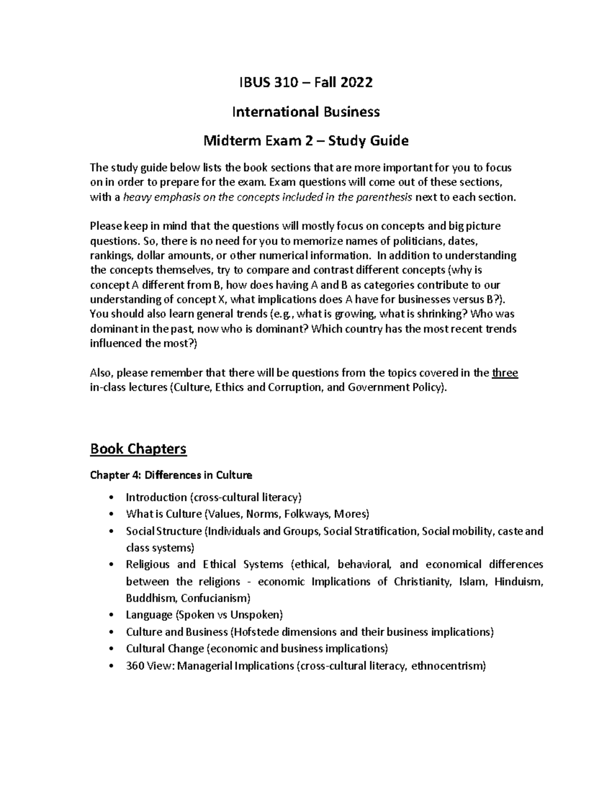 Exam 2 - Study Guide - IBUS 310 – Fall 2022 International Business ...