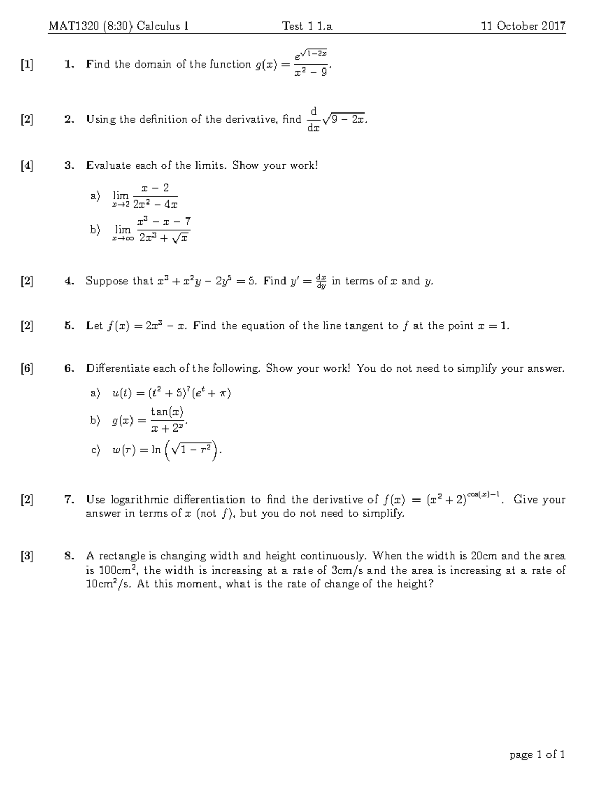 Test December 2017, questions and answers - MAT1320 (8:30) Calculus I ...