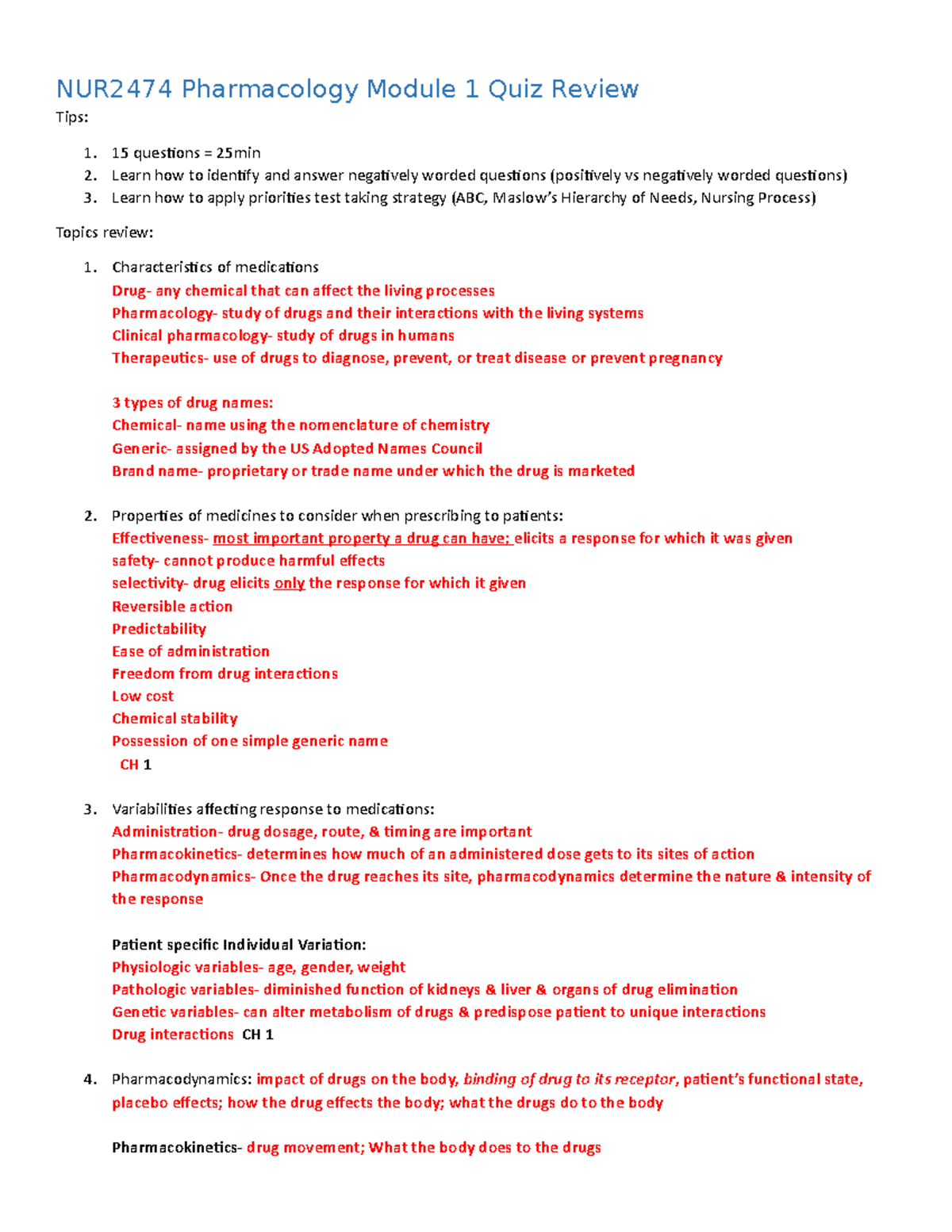 Pharmacology Quiz Blueprints Module 1 - NUR2474 Pharmacology Module 1 ...