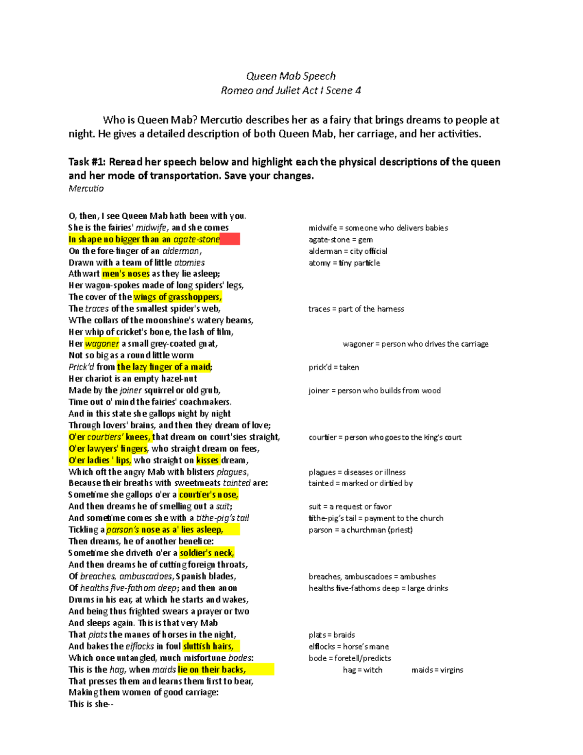 Grade 9 English Queen Mab Speech Worksheet Queen Mab Speech Romeo And 