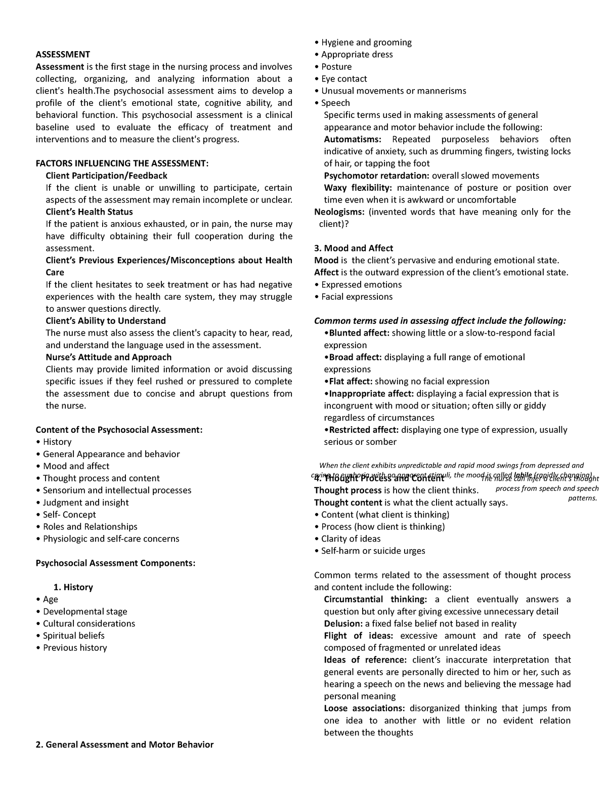 Psychiatric prelims - ASSESSMENT Assessment is the first stage in the ...