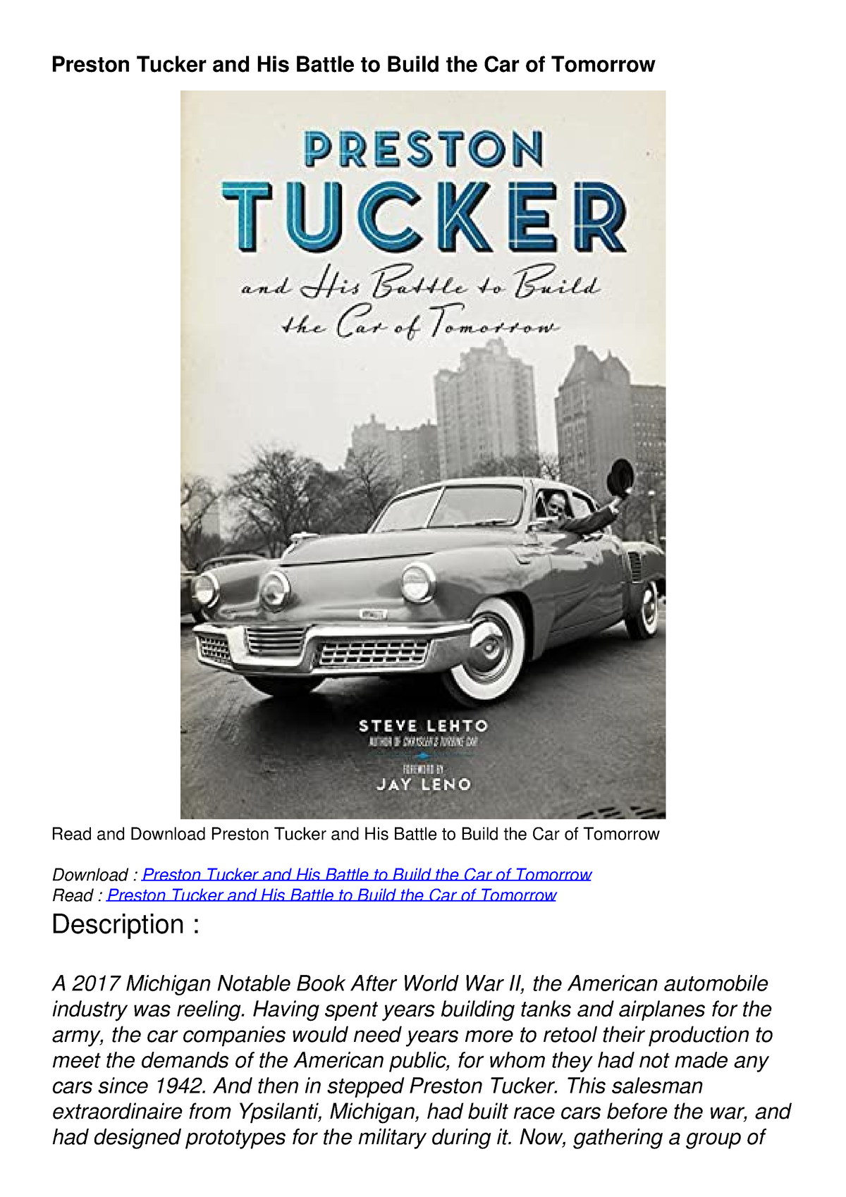 Preston Tucker and His Battle to Build the Car of Tomorrow