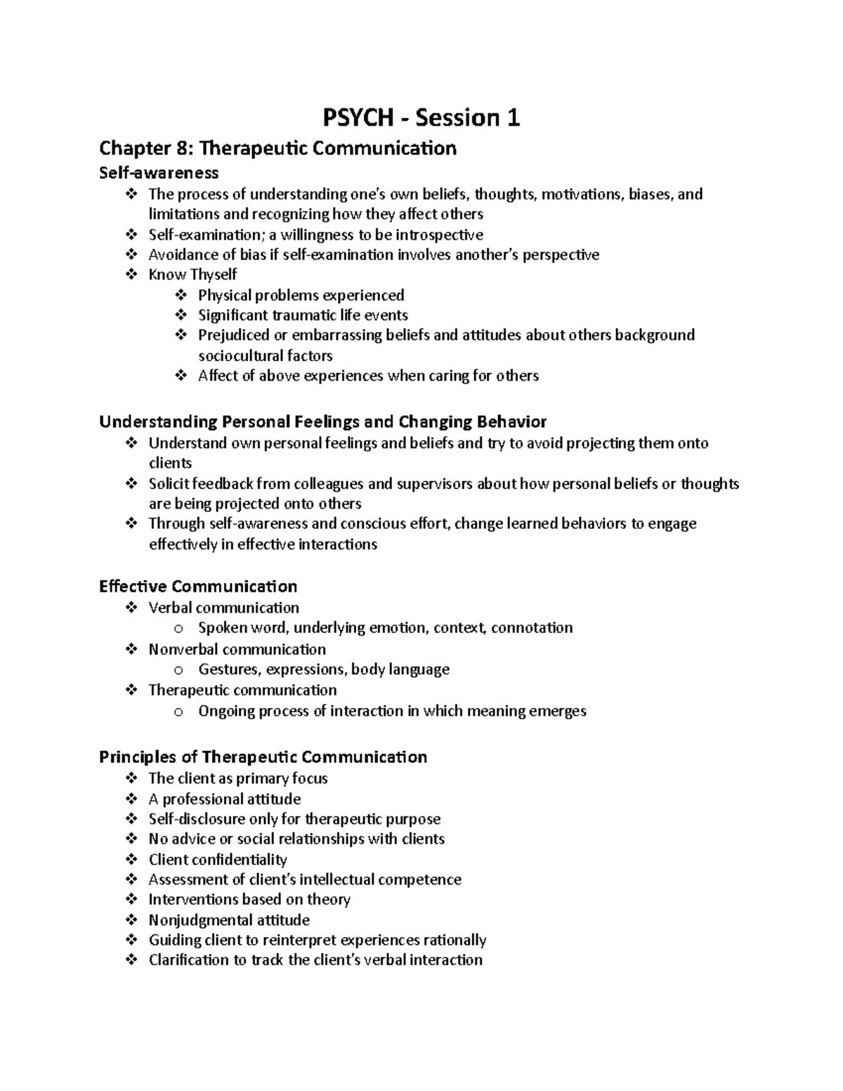 Pysch Session 1 - Sutherland - PSYCH - Session 1 Chapter 8: Therapeutic ...