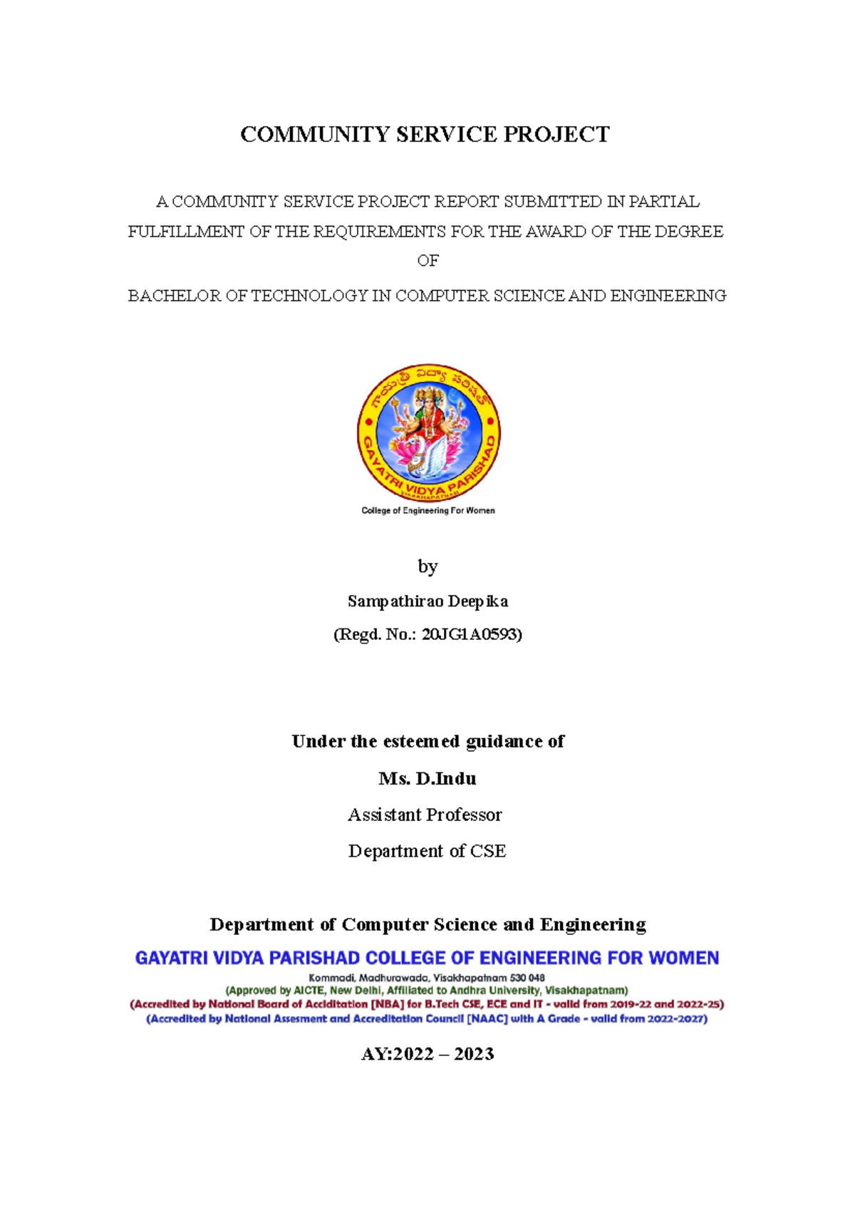 CSP word final vanaja - csp - COMMUNITY SERVICE PROJECT A COMMUNITY ...