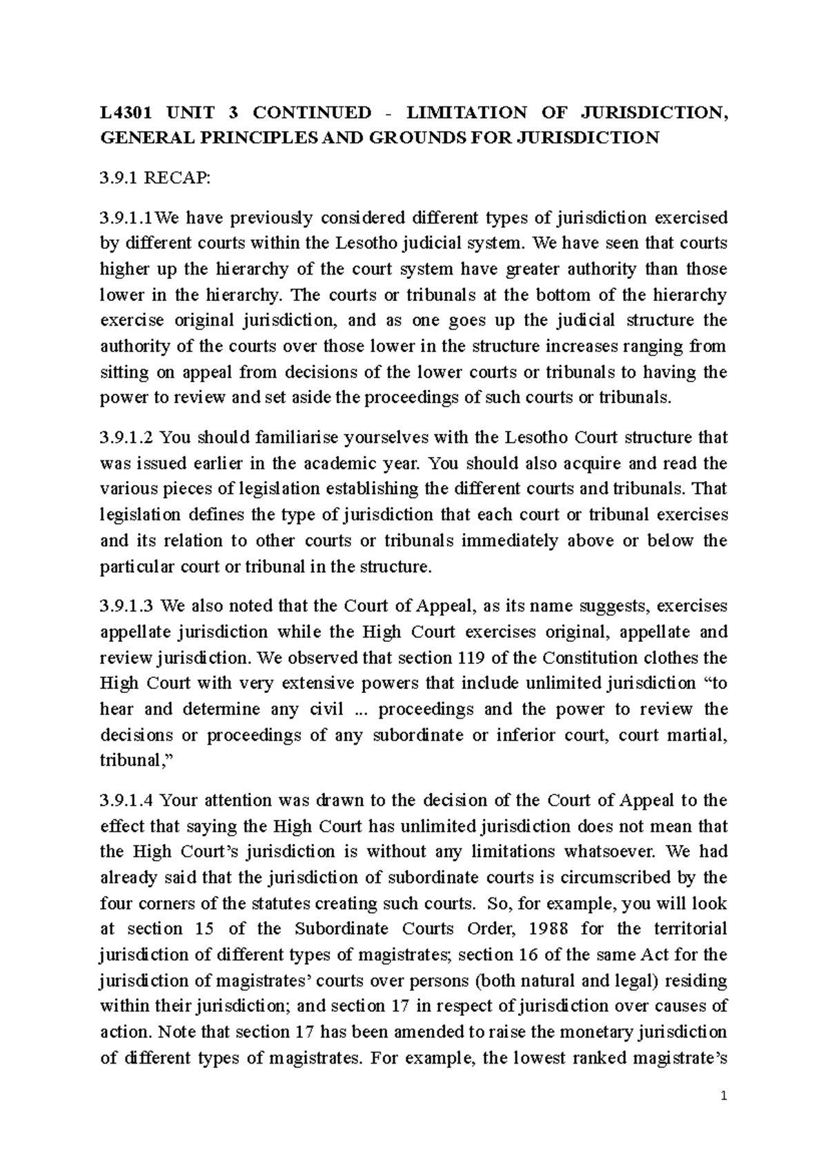 L4301 UNIT 3 Continued Limitation OF Jurisdiction, General Principles