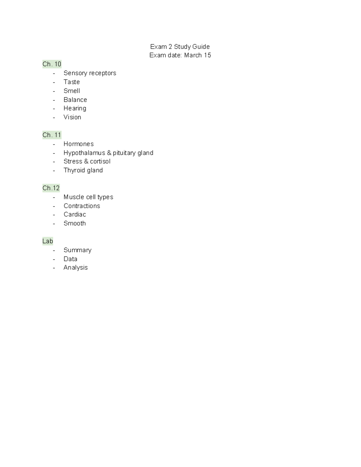 BIOL 66 Exam 2 Study Guide - Exam 2 Study Guide Exam date: March 15 Ch ...