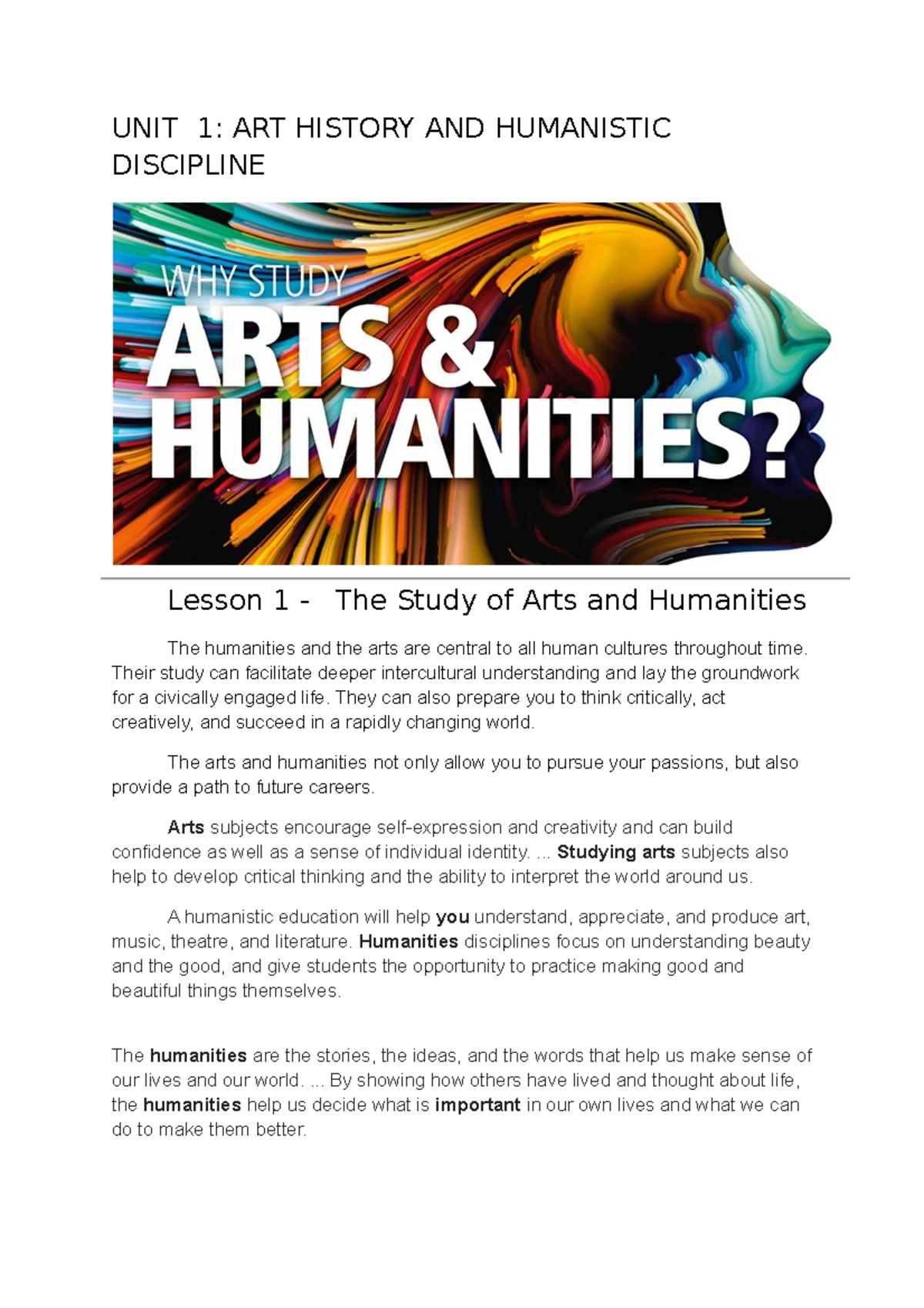 What Is The Importance Of Arts And Humanities In Our Lives Essay