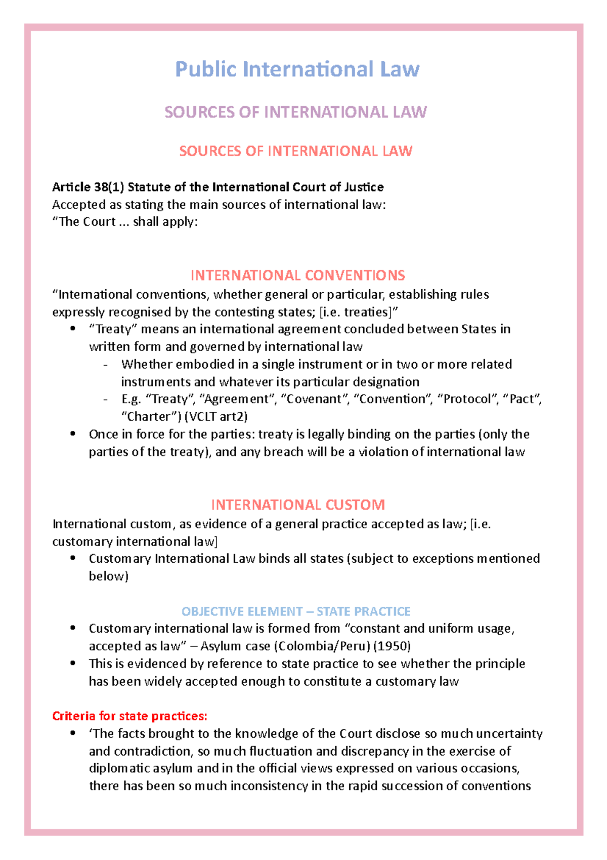 Public International Law Week 1 - Public International Law SOURCES OF ...