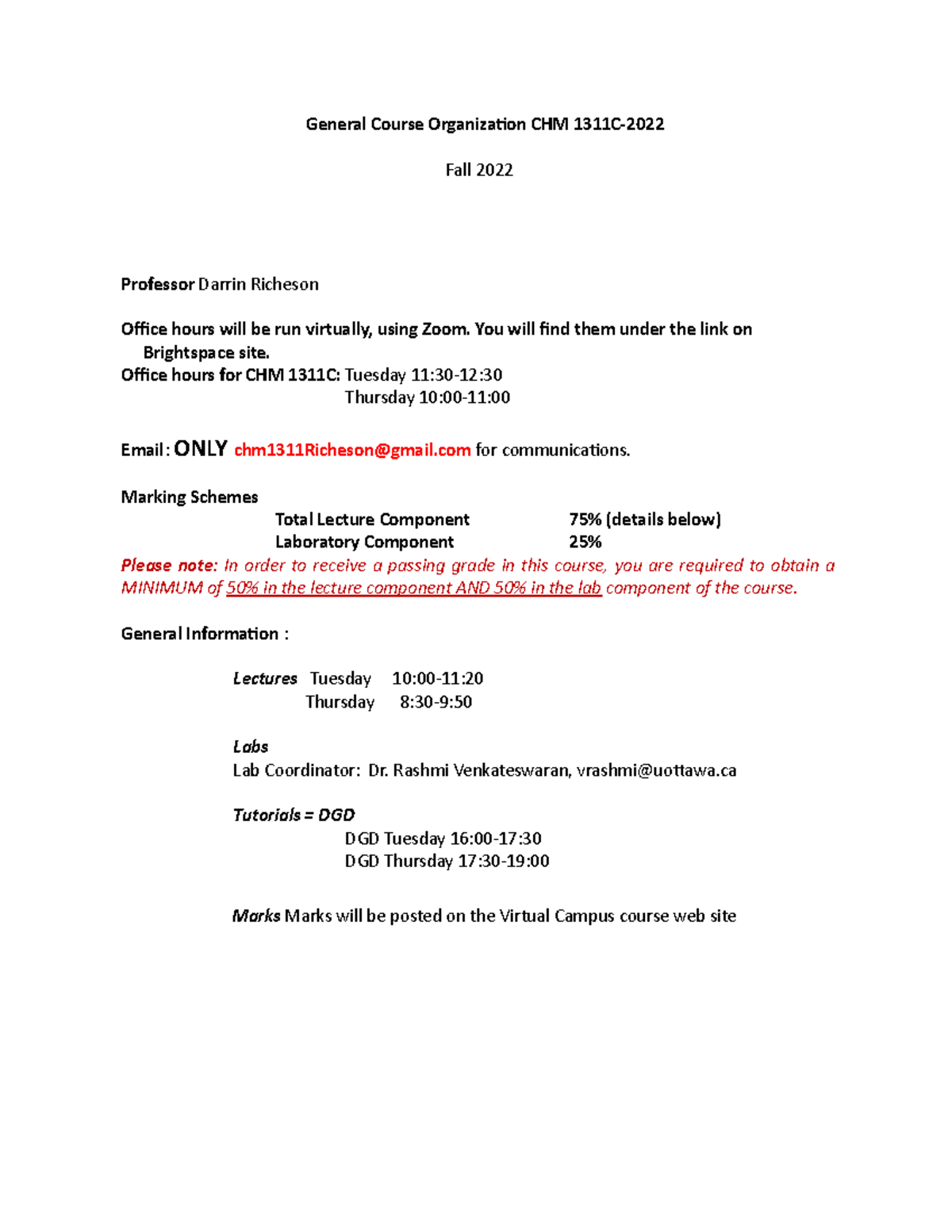 CHM1311C 2022 Organization - General Course Organization CHM 1311C ...