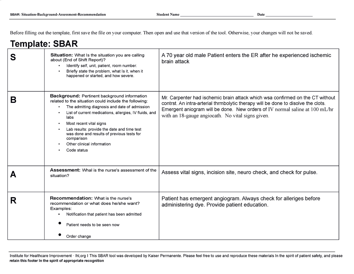 Sbar W1 Homework Sbar Situation Background Assessment