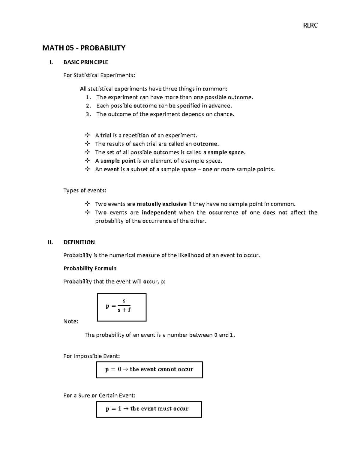 Math 05 - Probability - Lecture notes 5 - MATH 05 - PROBABILITY I ...