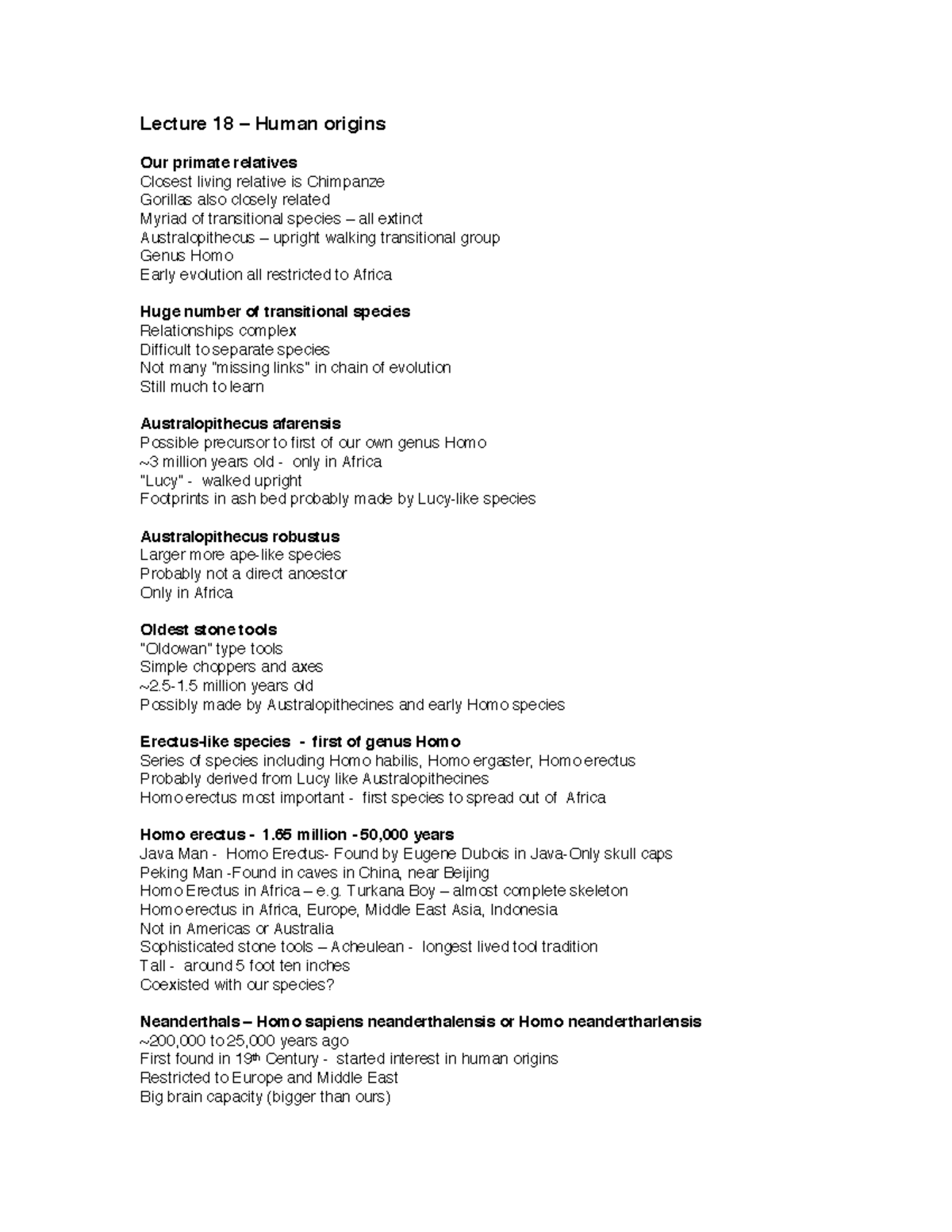 Lec 11 summary notes - Lecture 18 – Human origins Our primate relatives ...