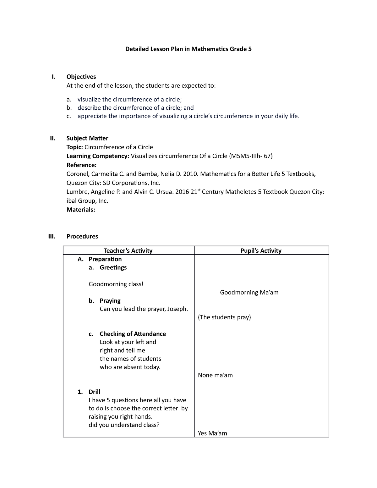 Detailed Lesson Plan In Mathematics Grade 5 Objectives At The End Of 