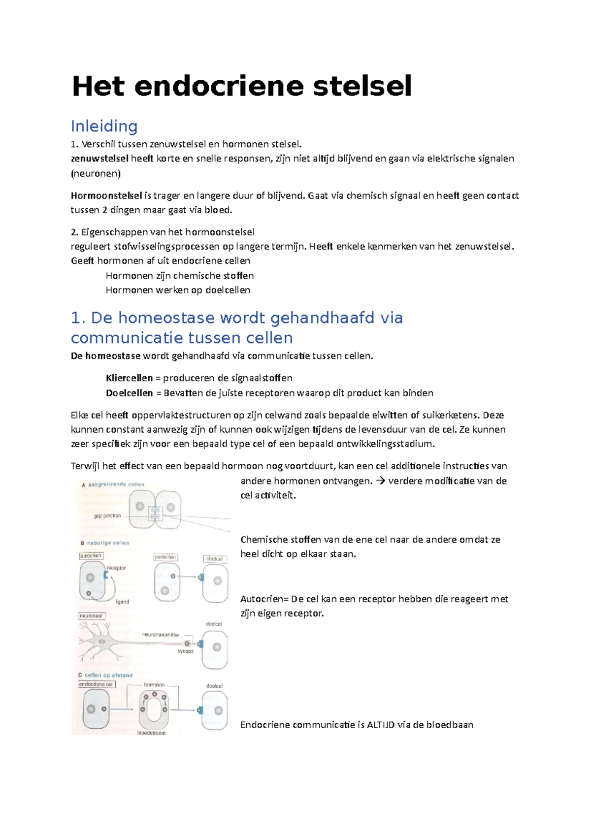 Samenvatting - Het Endocriene Stelsel Inleiding Verschil Tussen ...