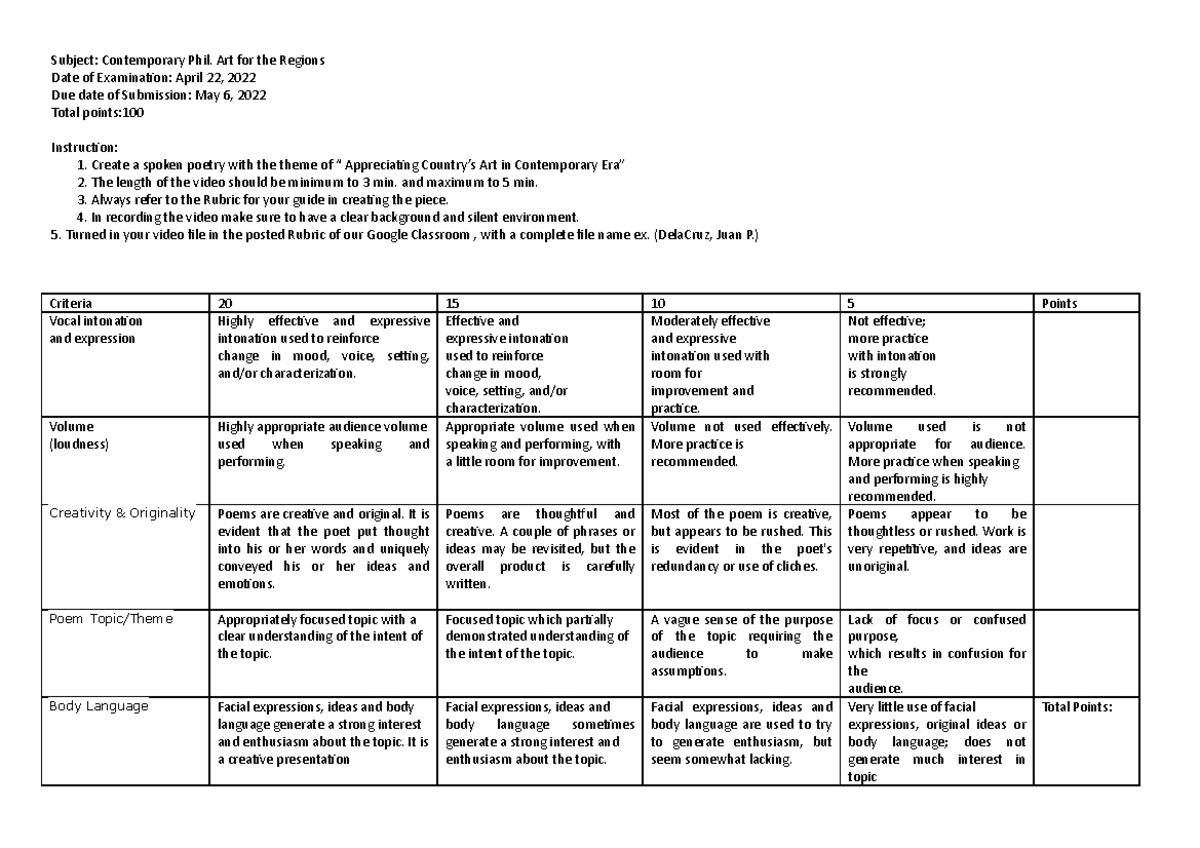 Rubric for Midterm exam Spoken Poetry - Subject: Contemporary Phil. Art ...