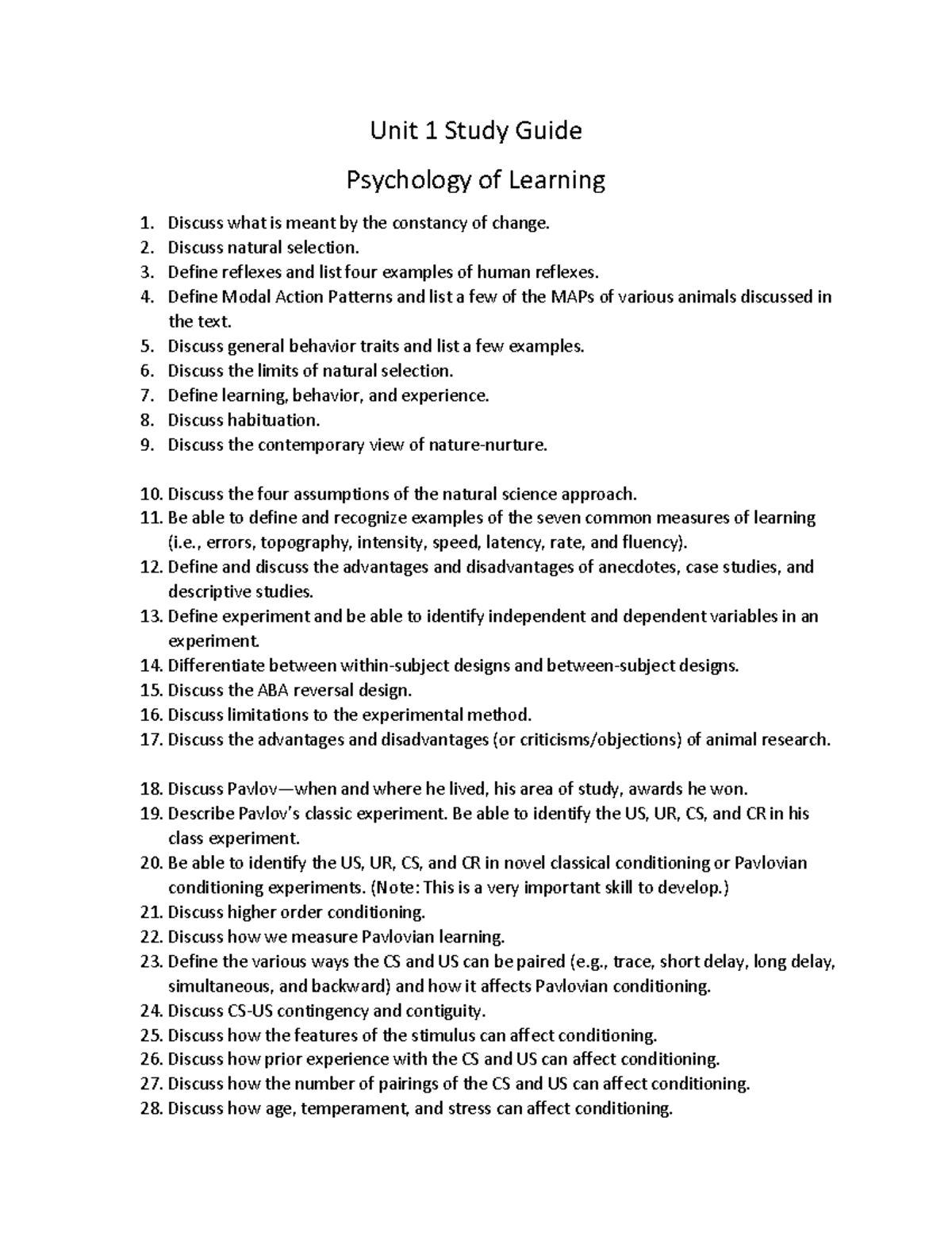 Unit 1 Study Guide Psy Of Learning - Unit 1 Study Guide Psychology Of ...