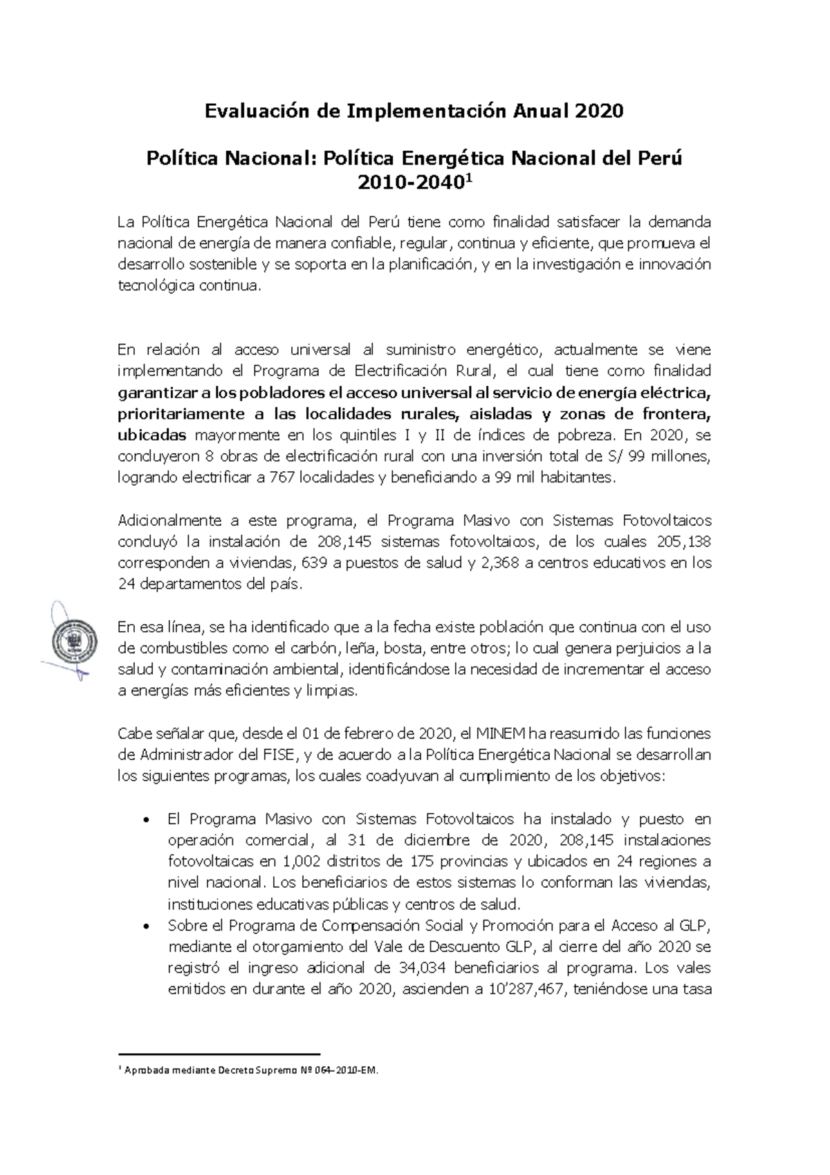 Eval-Implem Anual 2020-Pol Ã Tica Energetica Nac 2010-2040 - Evaluación ...