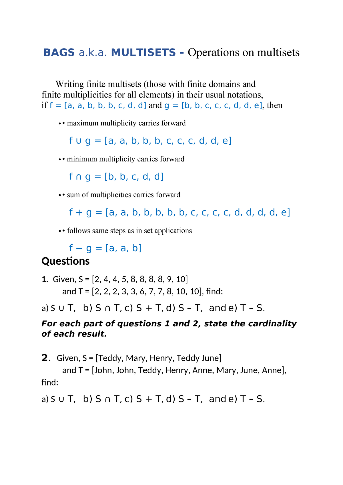 Operations on Bags (Multisets) - BAGS a.k. MULTISETS - Operations on ...