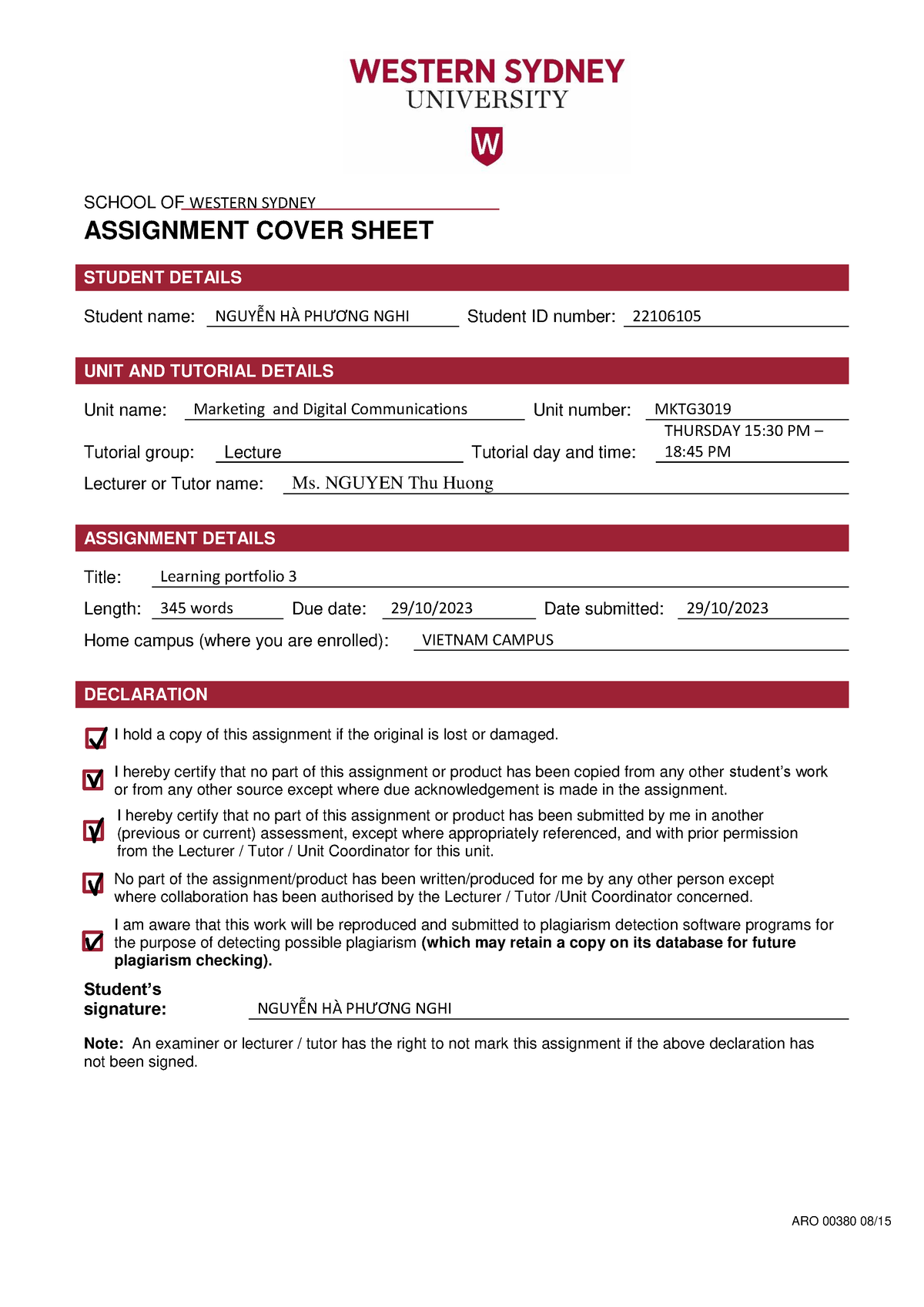 university of adelaide assignment cover sheet