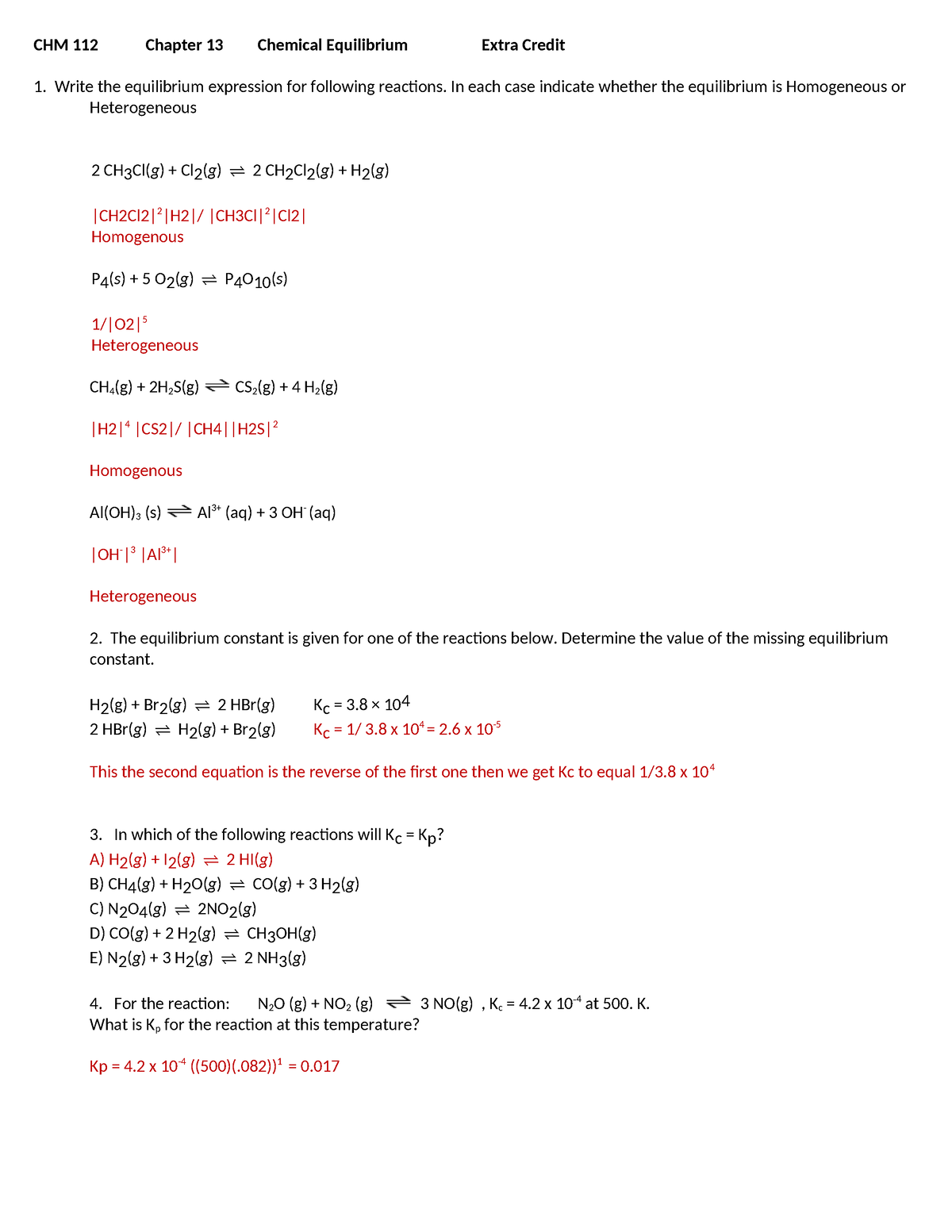 Chapter 13 Extra Credit - CHM 112 Chapter 13 Chemical Equilibrium Extra ...