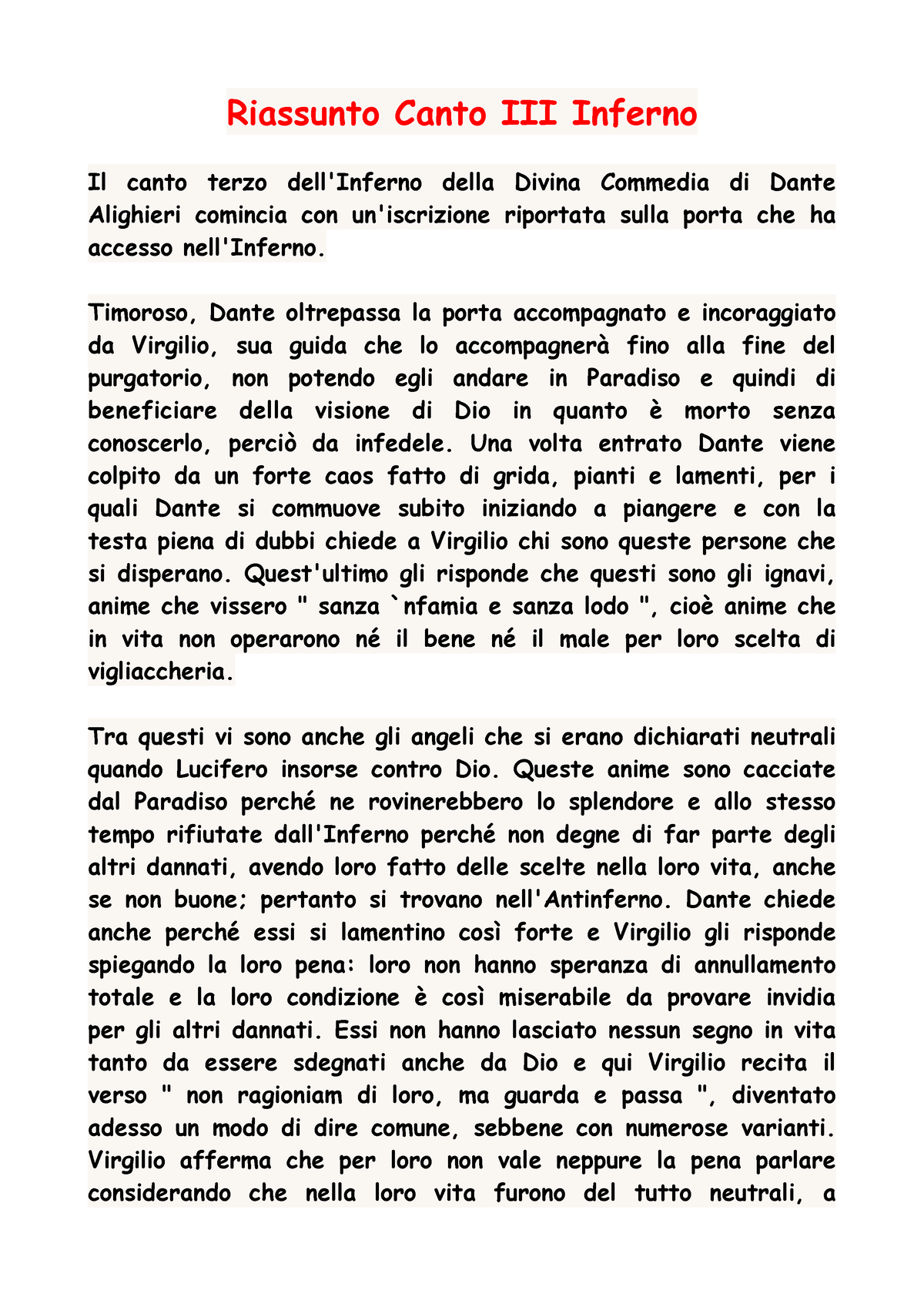 Canto III INferno pdf Riassunto Canto III Inferno Il canto terzo