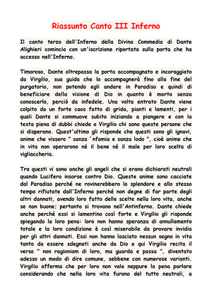 Canto III INferno pdf Riassunto Canto III Inferno Il canto terzo