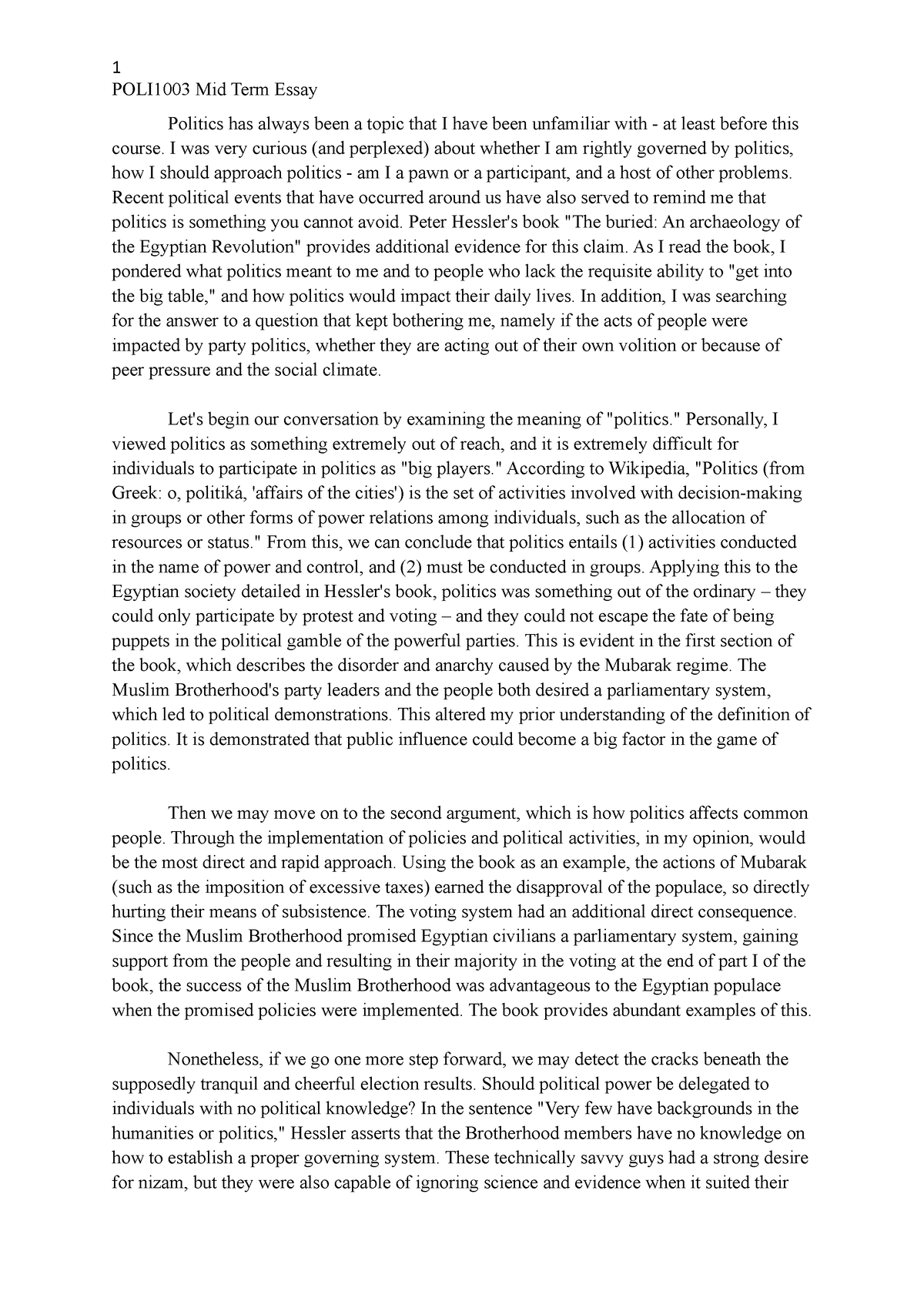 POLI1003 Grade A- mid term reflective essay - 1 POLI1003 Mid Term Essay ...