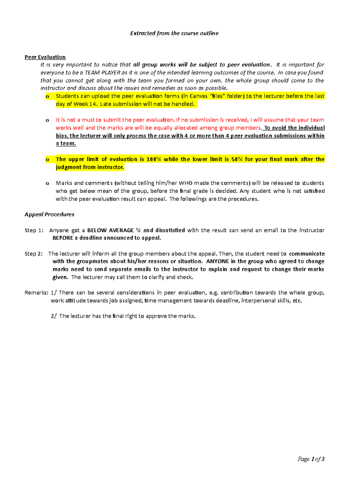 Peer Evaluation Form - Extracted from the course outline Peer ...