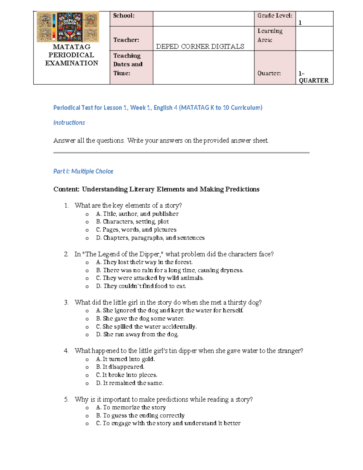 PT-WEEK 1- English- Deped Corner Digitals - Periodical Test for Lesson ...